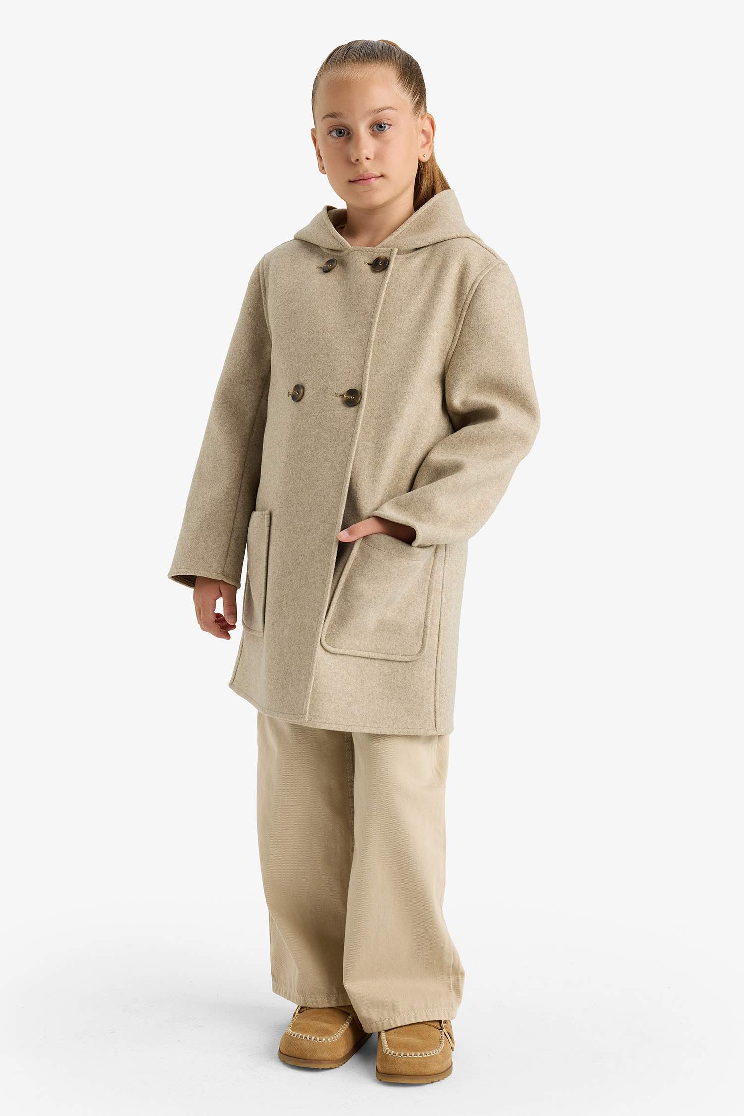Manteau en laine à capuche et poches pour fille