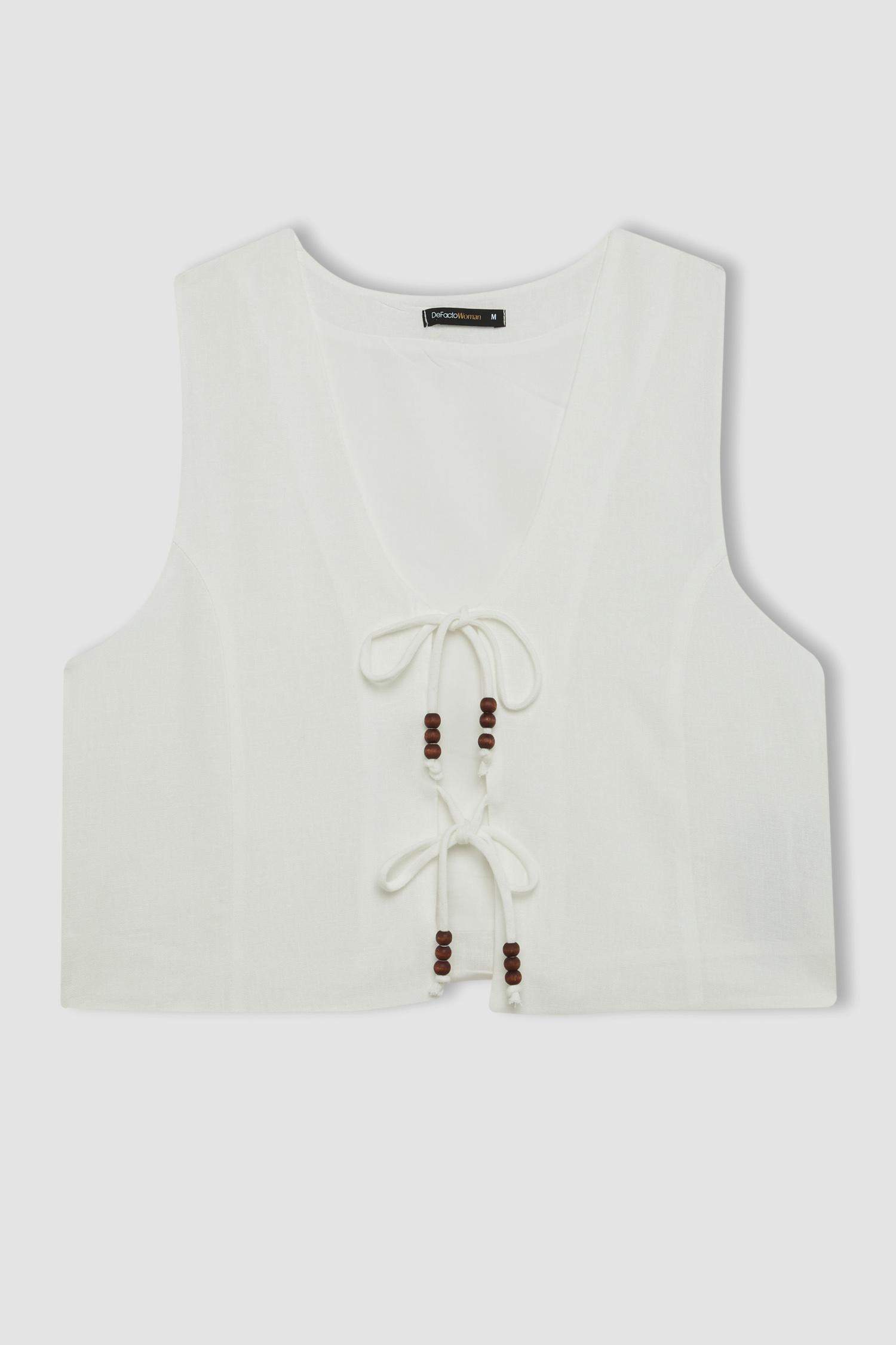 Fitted V-Neck Linen Blend White Vest