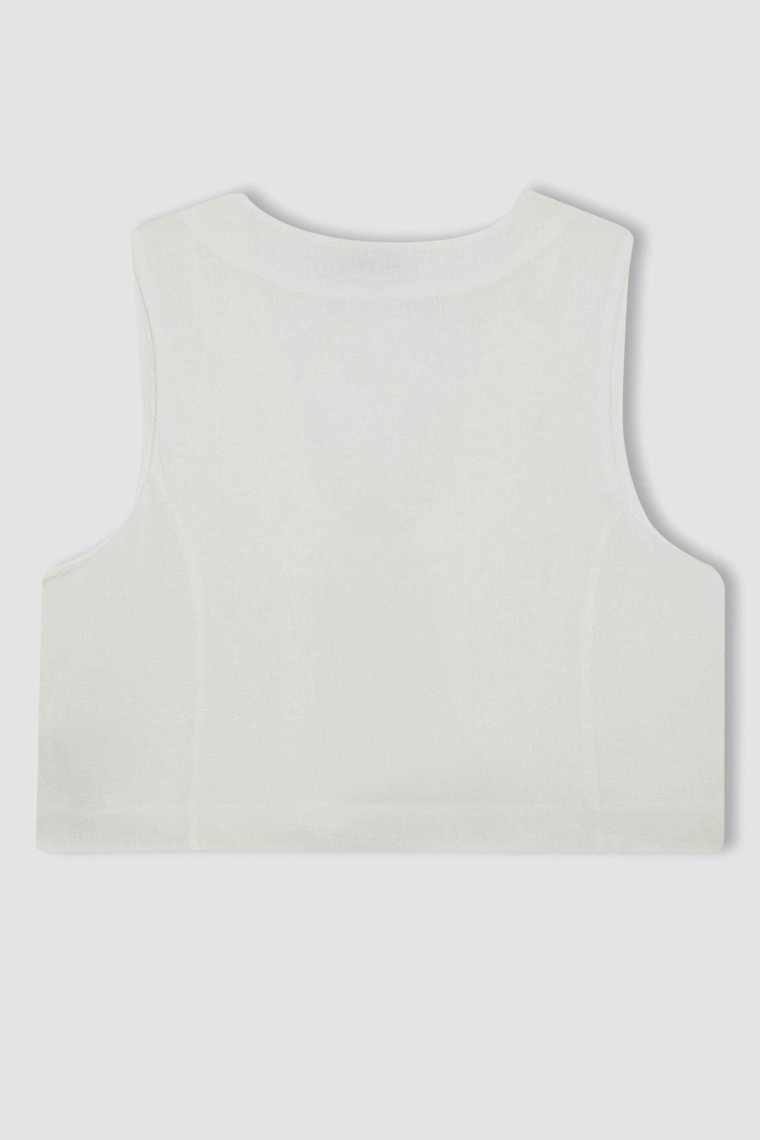 Fitted V-Neck Linen Blend White Vest