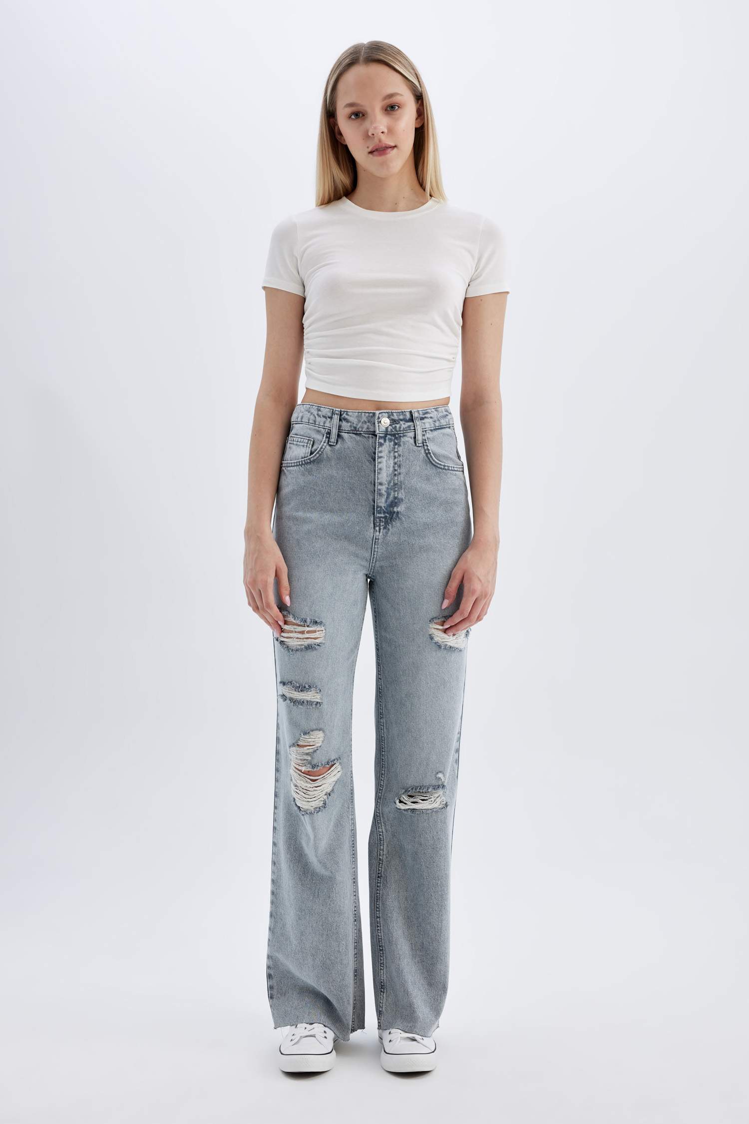Wide Leg Ripped Detailed High Waist Long Washed Jeans