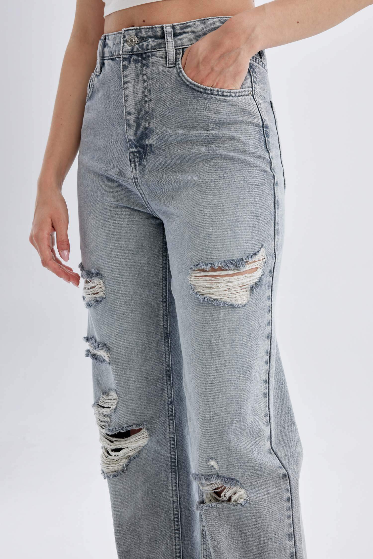 Wide Leg Ripped Detailed High Waist Long Washed Jeans