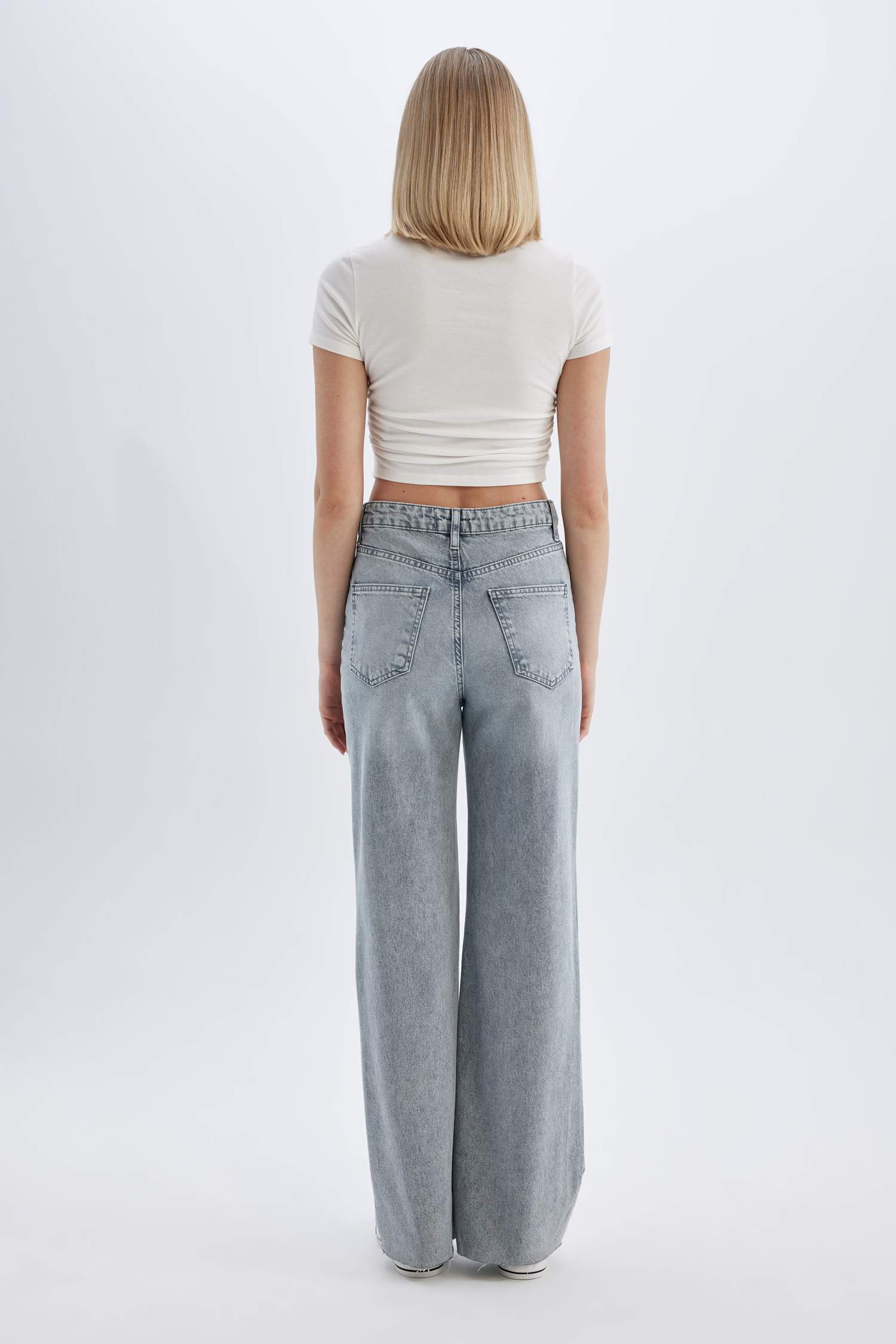Wide Leg Ripped Detailed High Waist Long Washed Jeans