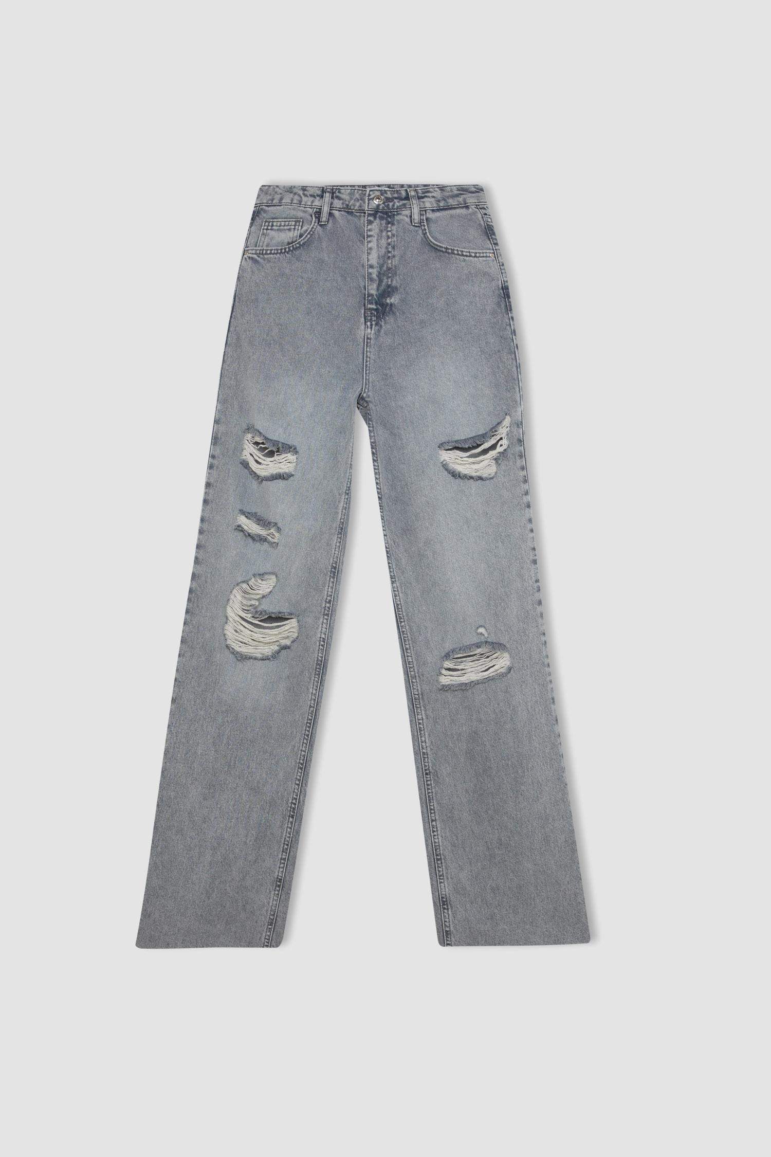 Wide Leg Ripped Detailed High Waist Long Washed Jeans