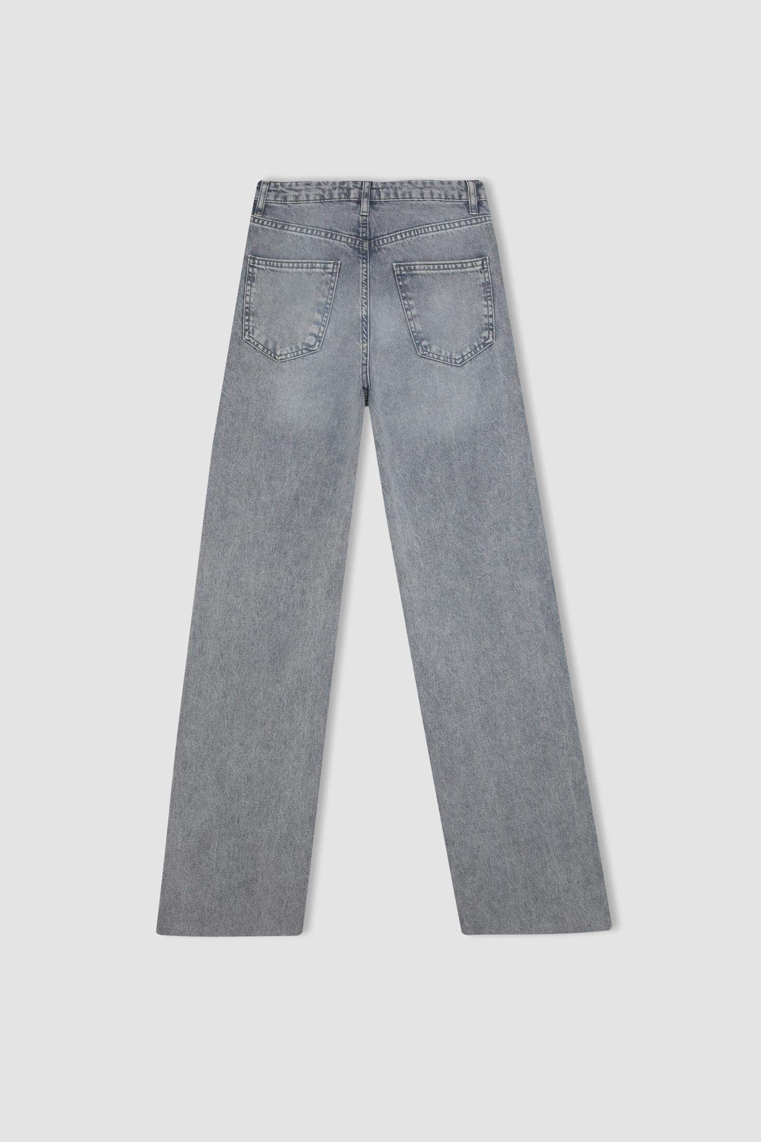 Wide Leg Ripped Detailed High Waist Long Washed Jeans