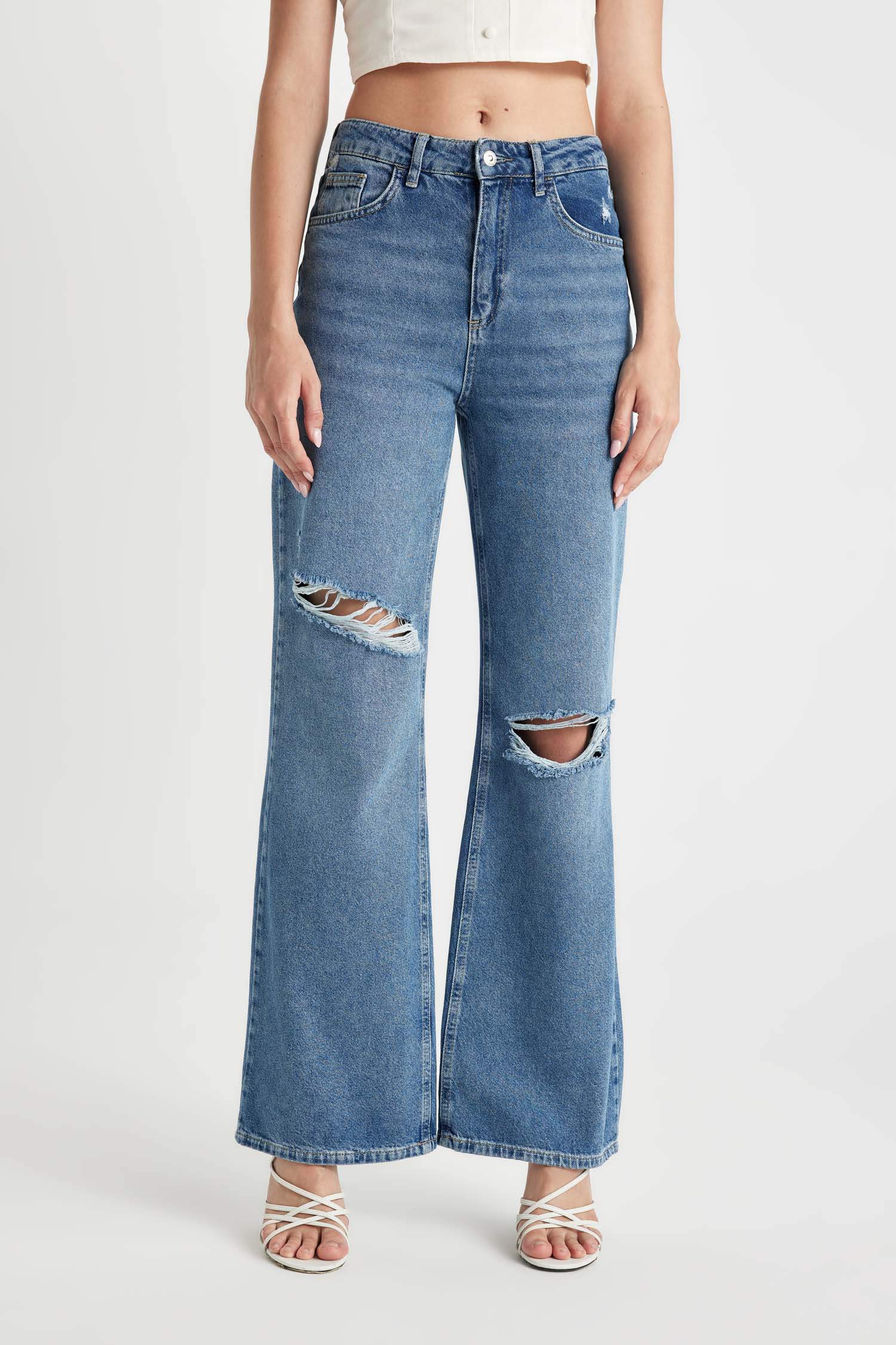 90's Wide Leg Yırtık Detaylı Yüksek Bel Uzun Jean Yıkamalı Pantolon