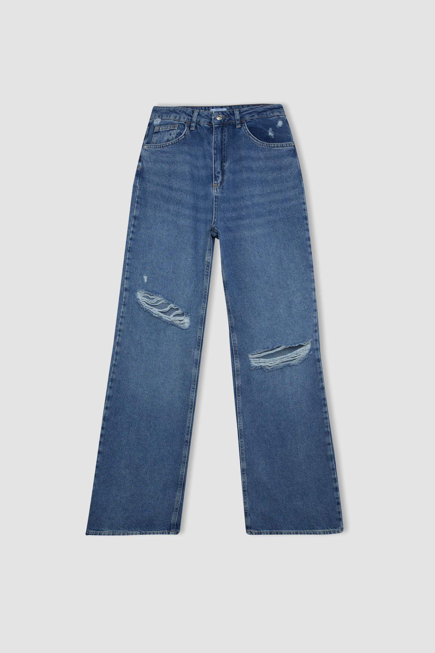 90's Wide Leg Yırtık Detaylı Yüksek Bel Uzun Jean Yıkamalı Pantolon