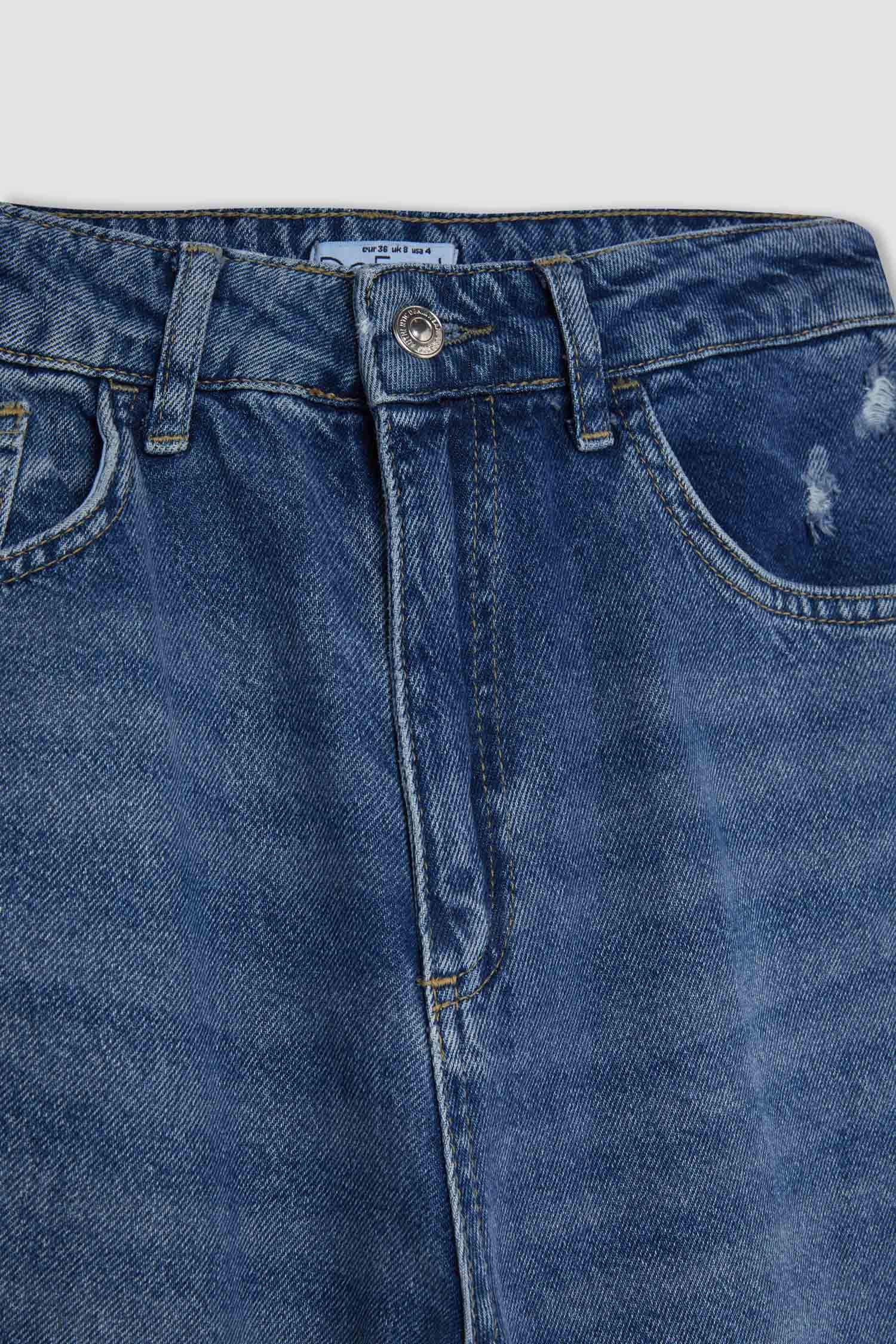 90's Wide Leg Yırtık Detaylı Yüksek Bel Uzun Jean Yıkamalı Pantolon