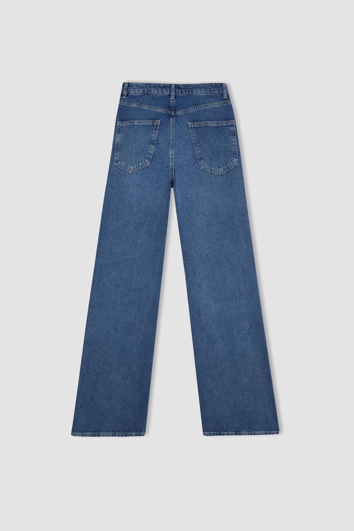 90's Wide Leg Yırtık Detaylı Yüksek Bel Uzun Jean Yıkamalı Pantolon