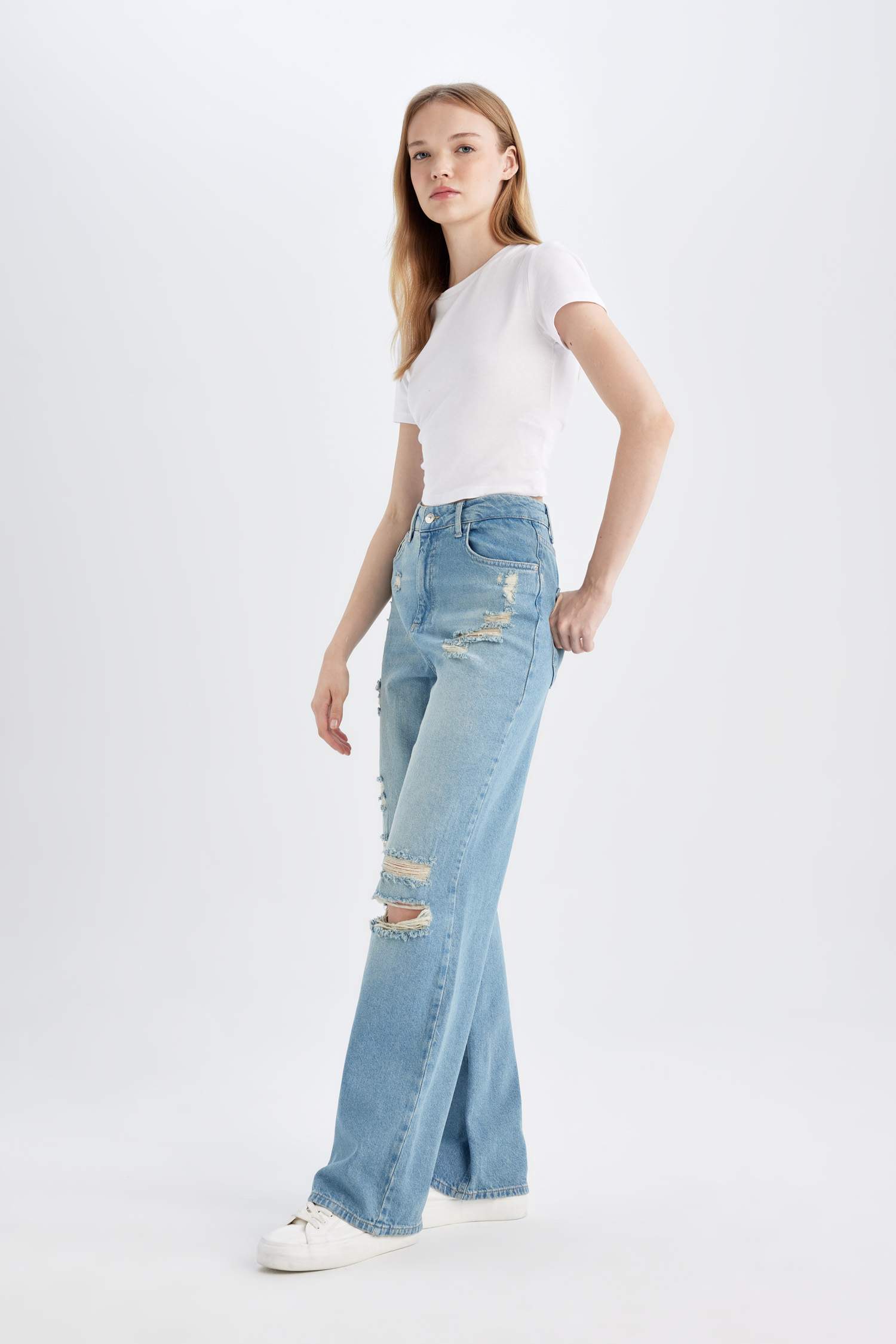 90's Wide Leg Yüksek Bel Geniş Paça Yırtık Detaylı Uzun Jean Pantolon