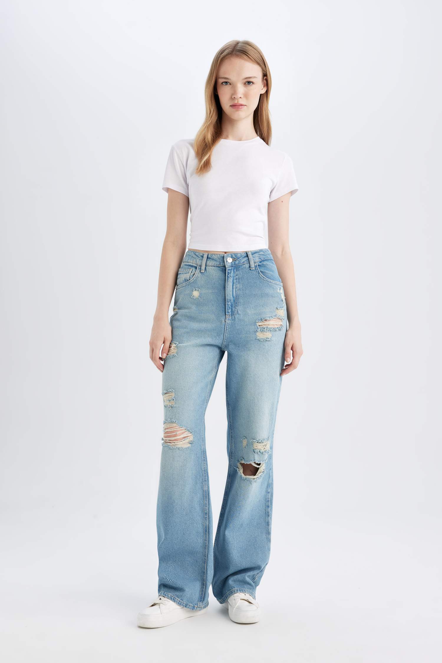 90's Wide Leg Yüksek Bel Geniş Paça Yırtık Detaylı Uzun Jean Pantolon