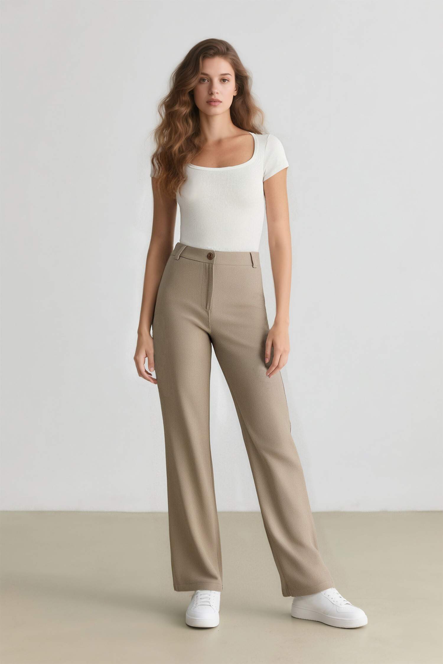 بنطرون قصة مستقيمة وايد ليج برجل واسع وخصر عالي بجيب