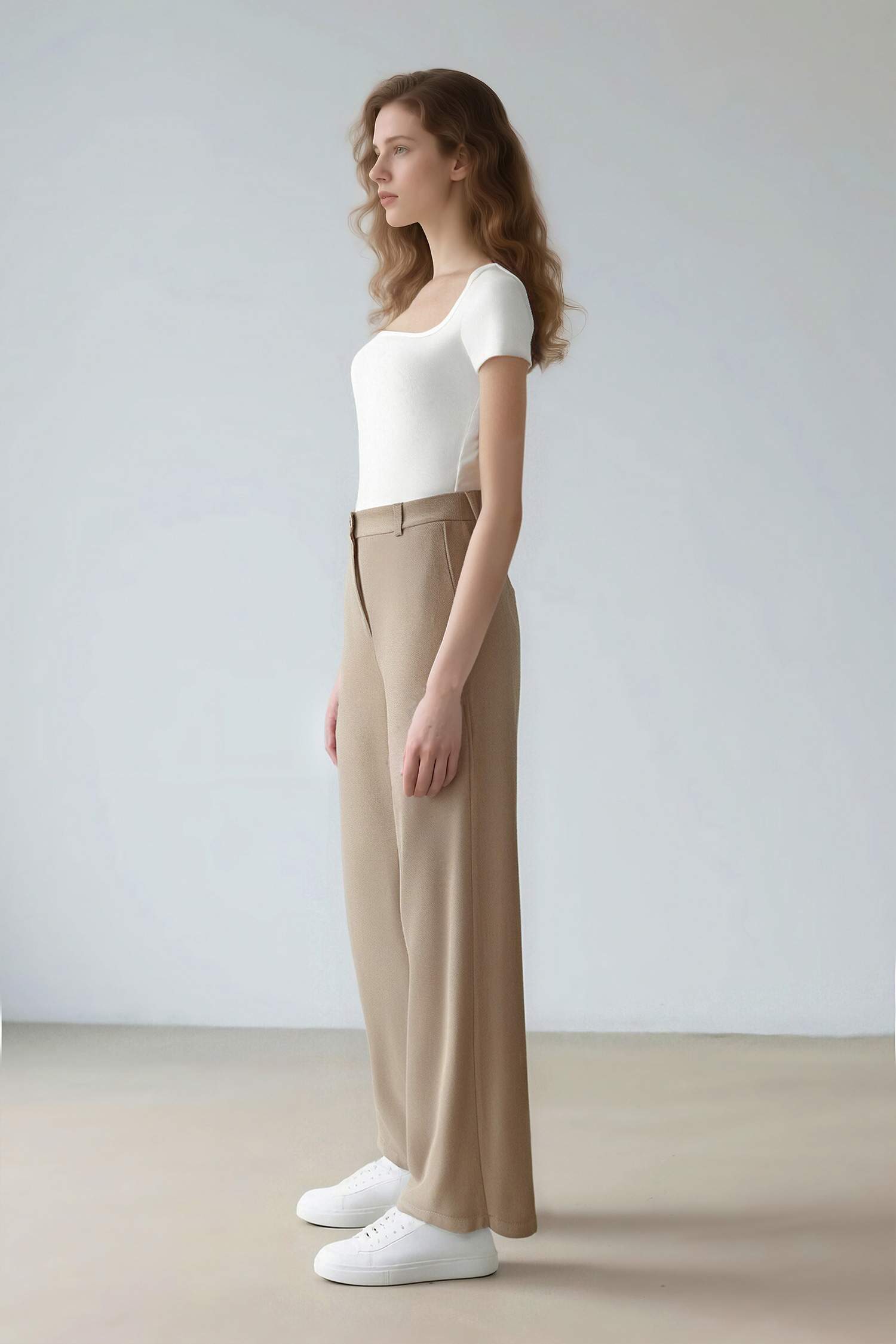 بنطرون قصة مستقيمة وايد ليج برجل واسع وخصر عالي بجيب