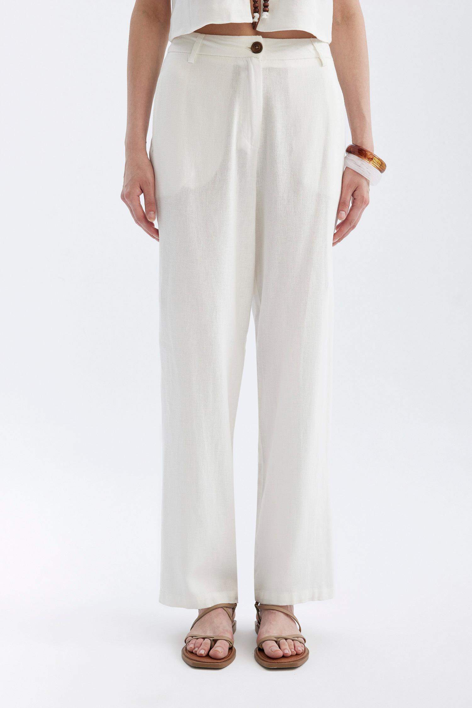 Straight Fit High Waist Wide Leg Linen Blend Trousers