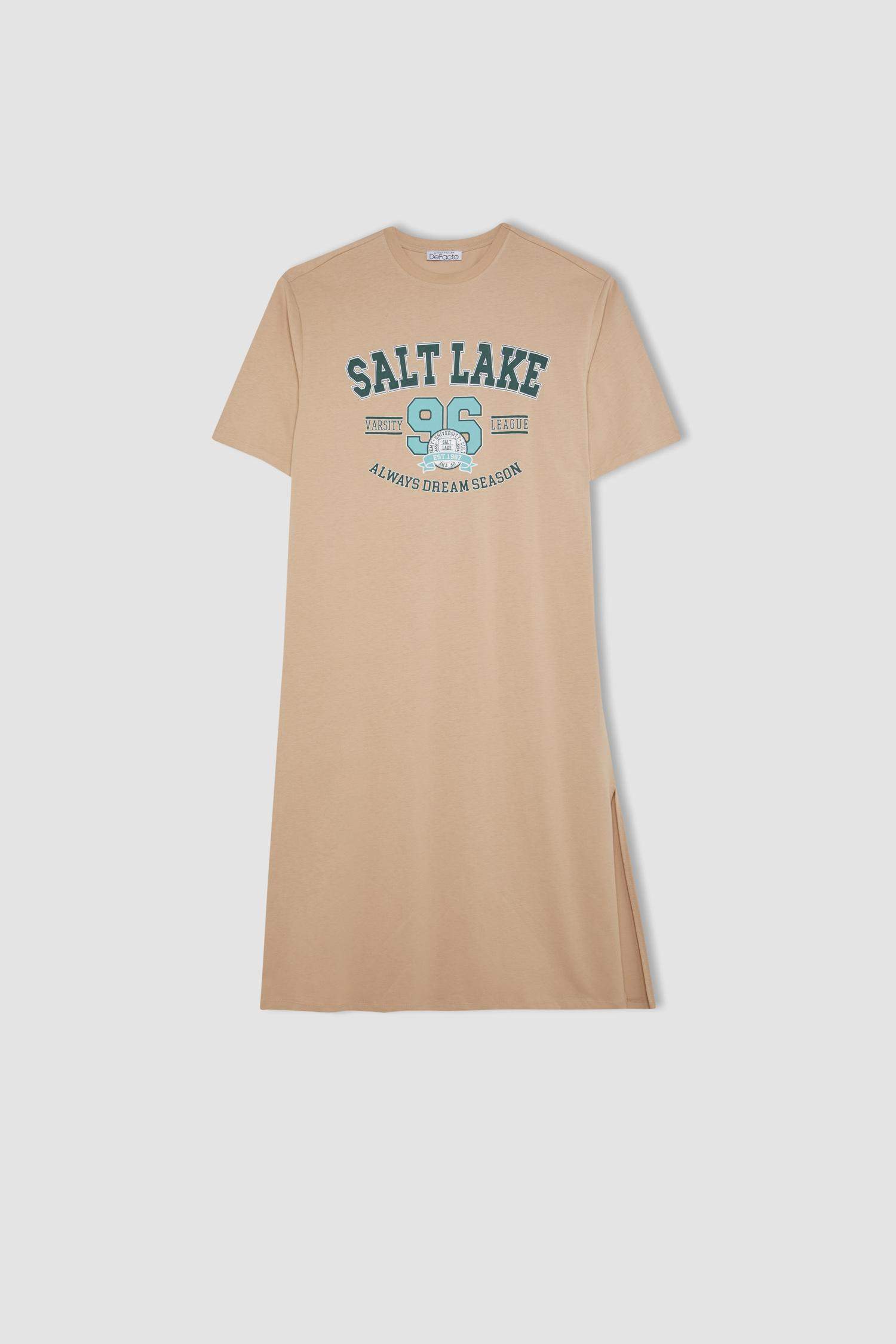 فستان ميدي مطبوع ممشط بياخة مستديرة