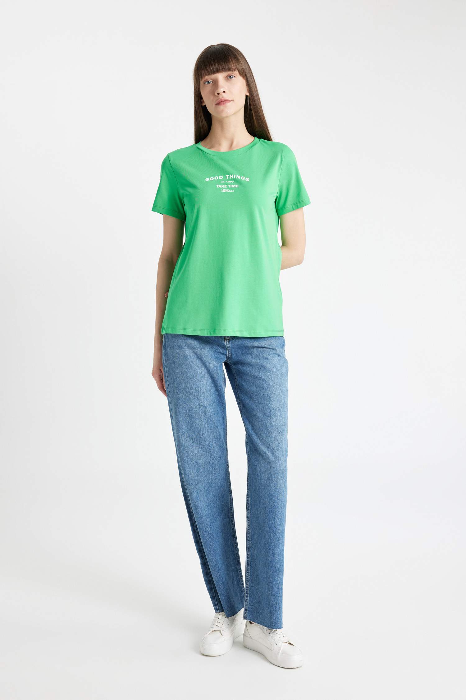 Regular Fit Crew Neck Slogan Printed T-Shirt