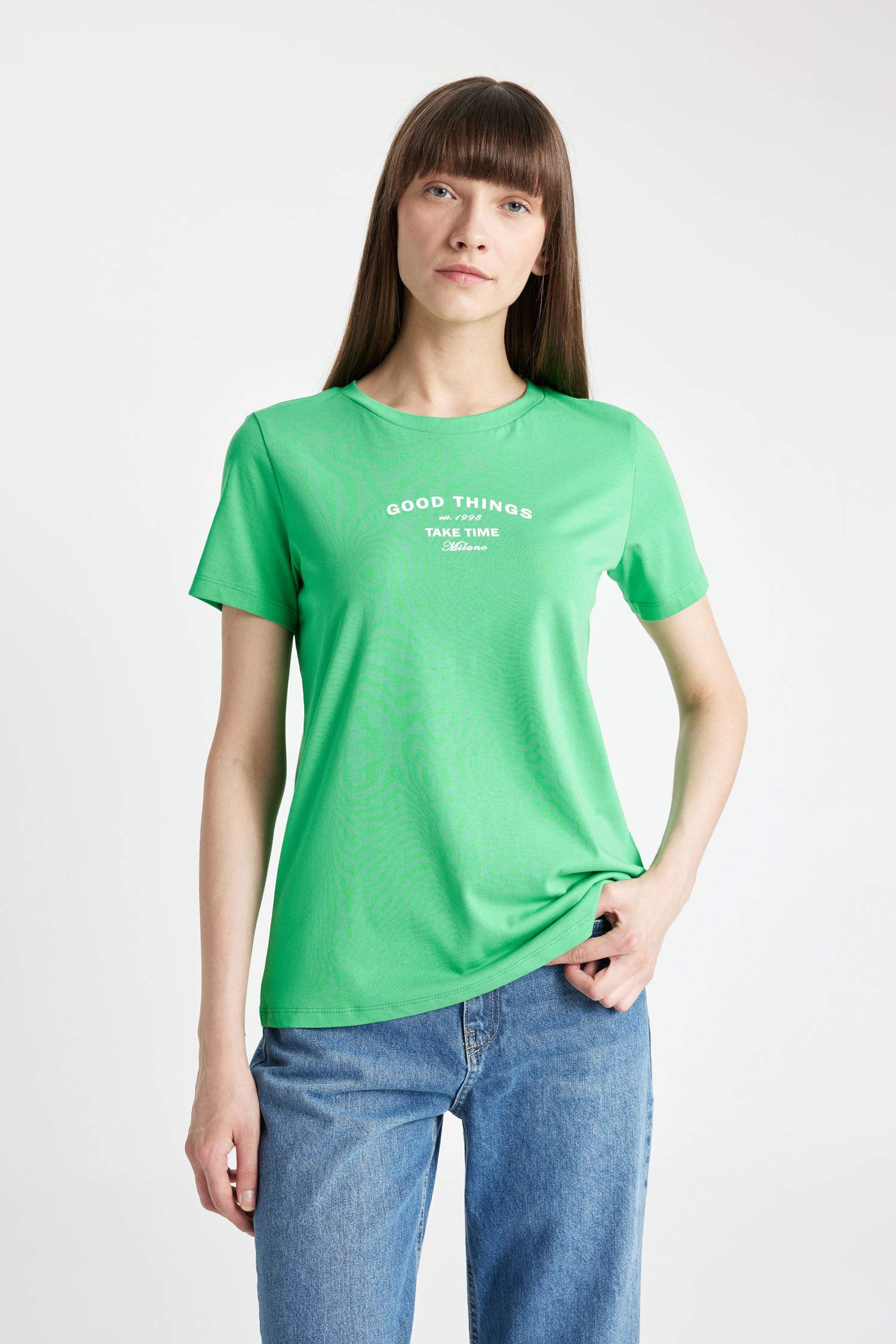 Regular Fit Crew Neck Slogan Printed T-Shirt