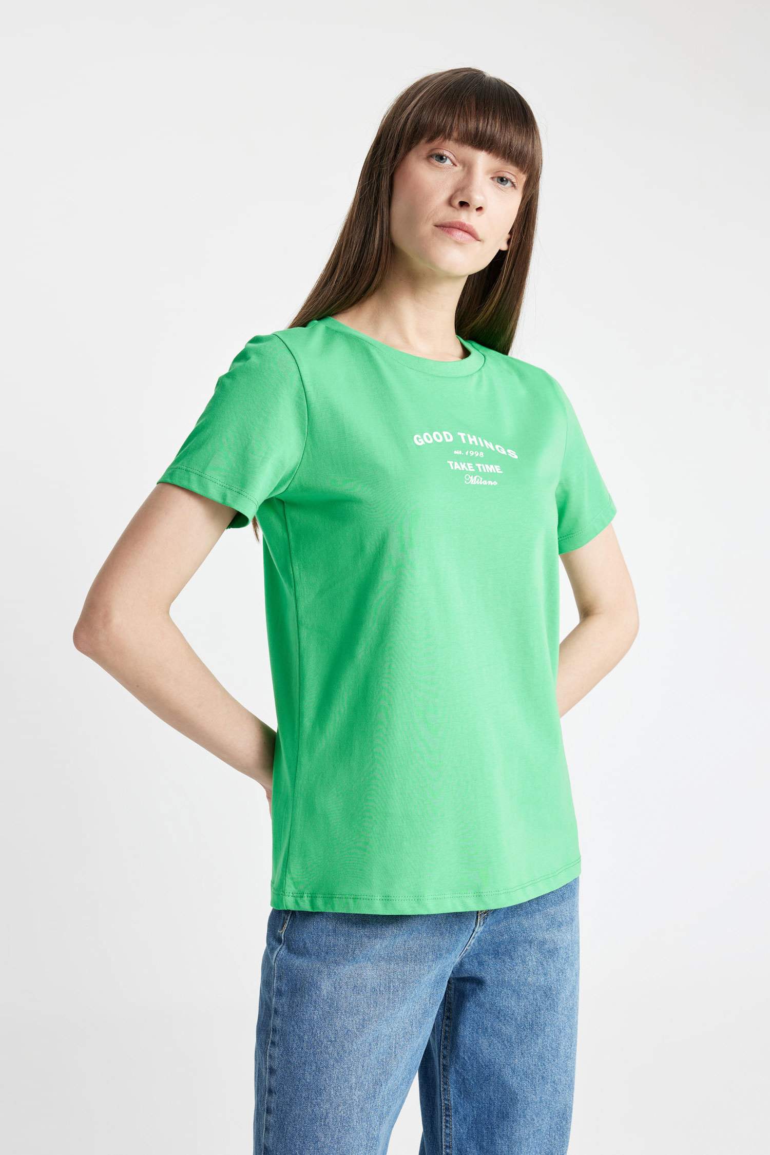 Regular Fit Crew Neck Slogan Printed T-Shirt