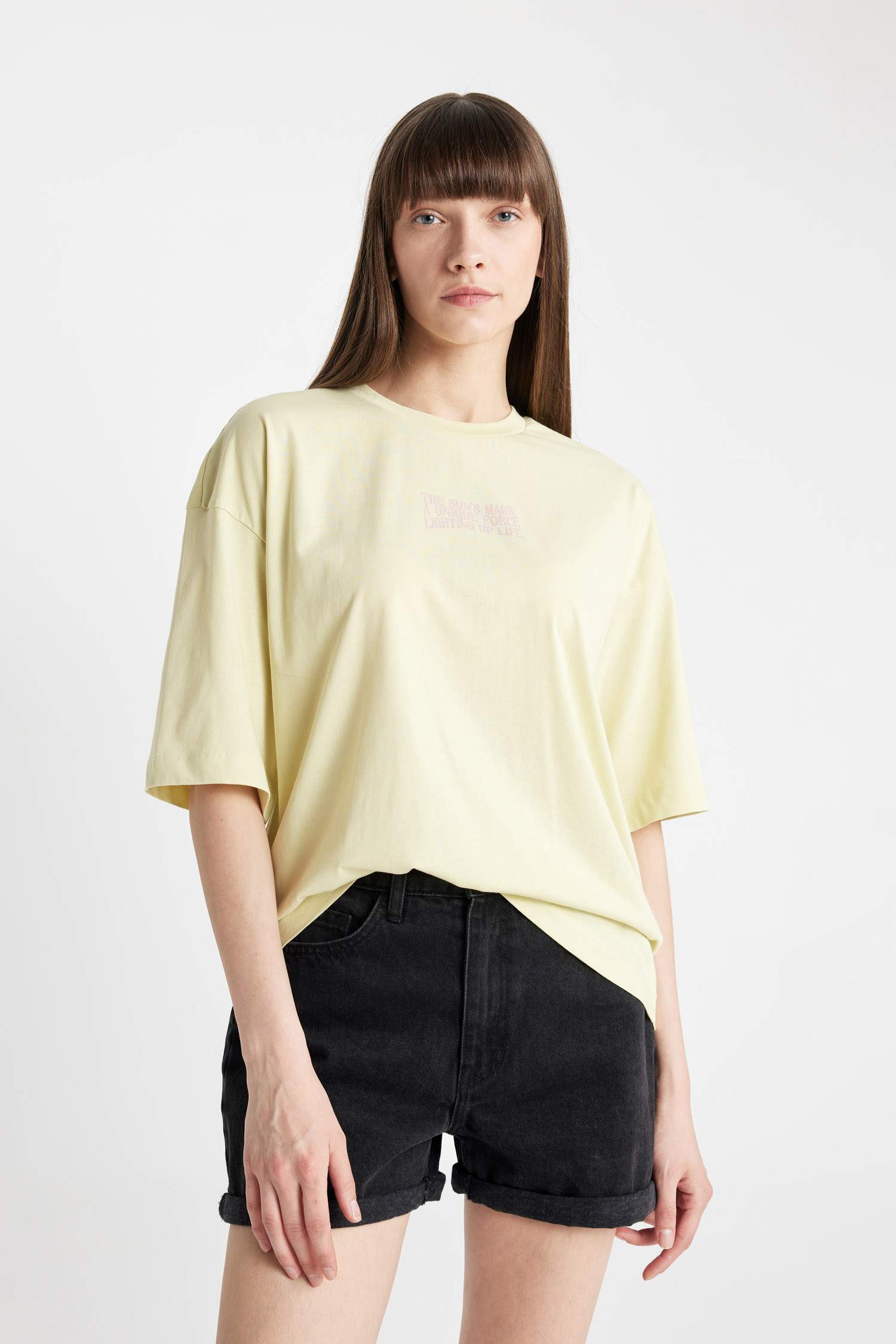 Oversize Fit Crew Neck Slogan Printed Cotton T-Shirt