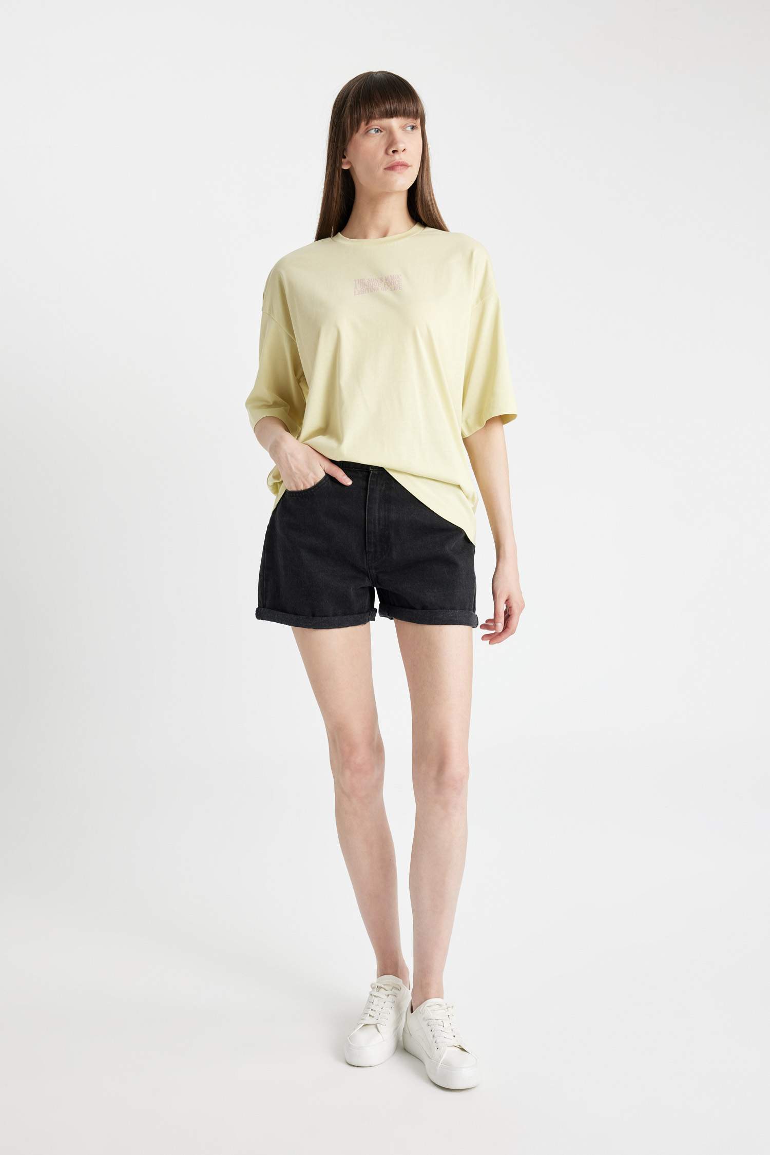 Oversize Fit Crew Neck Slogan Printed Cotton T-Shirt