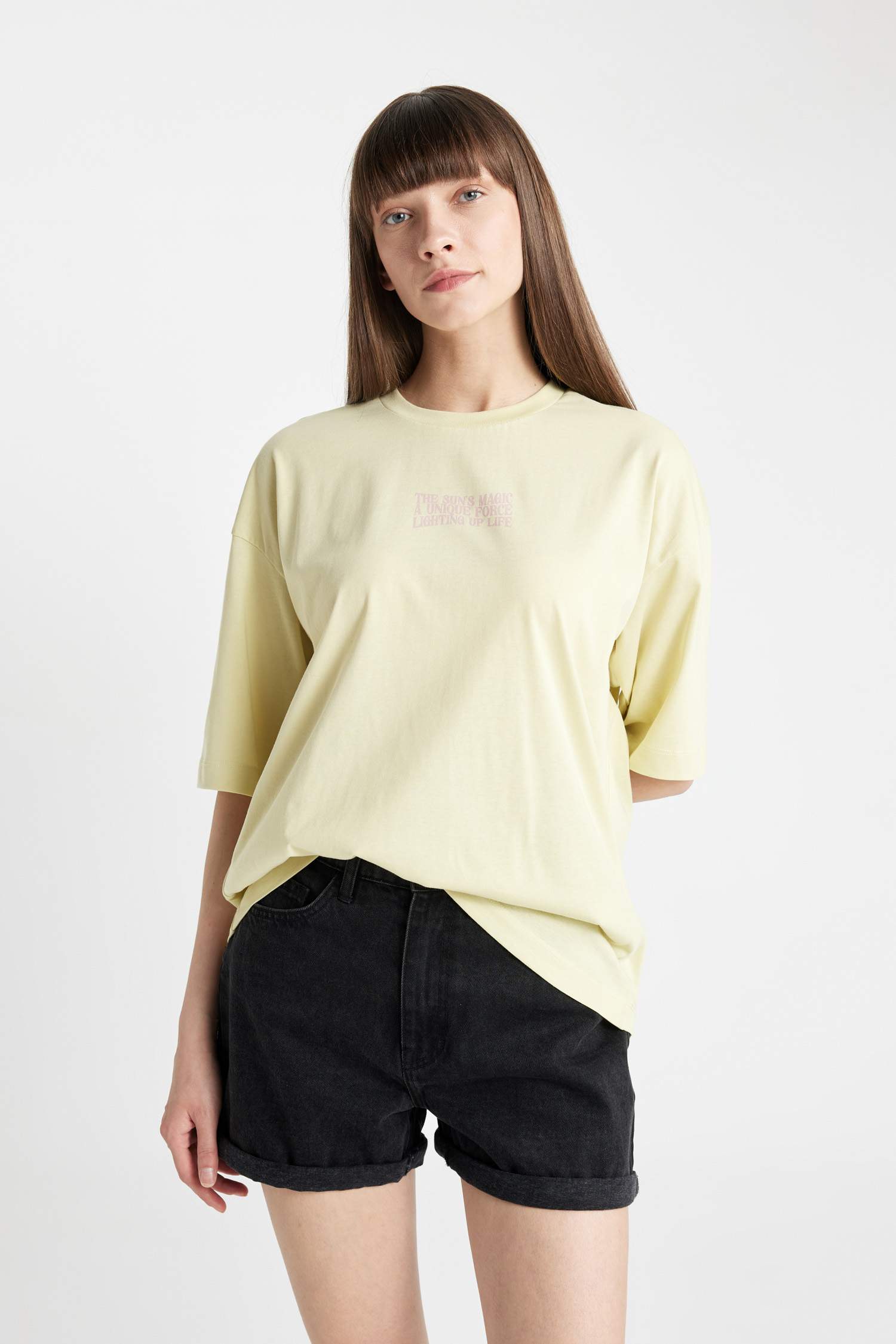 Oversize Fit Crew Neck Slogan Printed Cotton T-Shirt