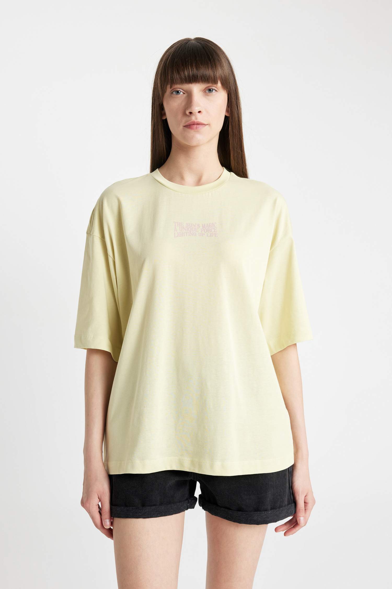 Oversize Fit Crew Neck Slogan Printed Cotton T-Shirt