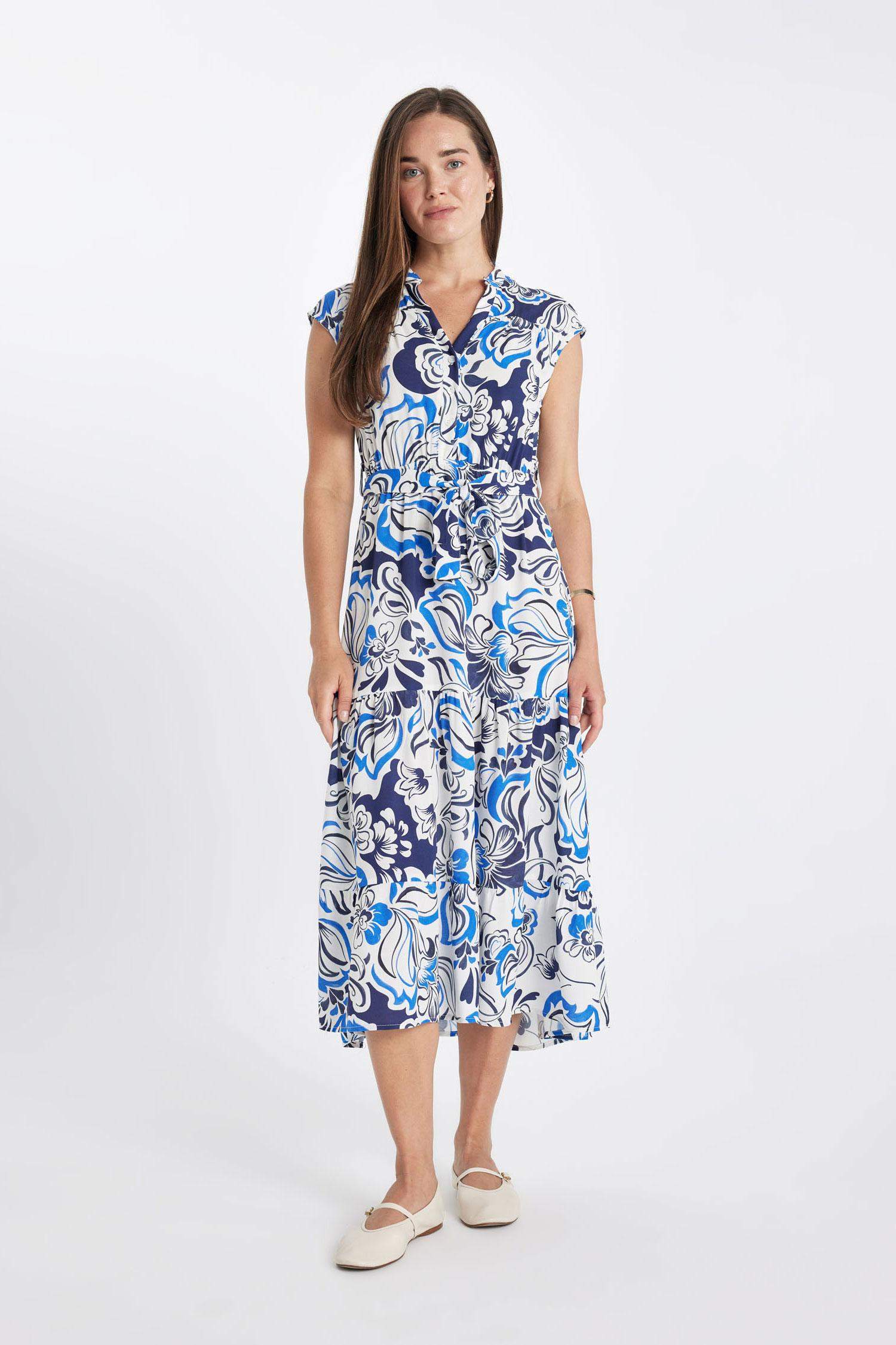 Robe Midi Sans Manches à Col Chemise à Motifs