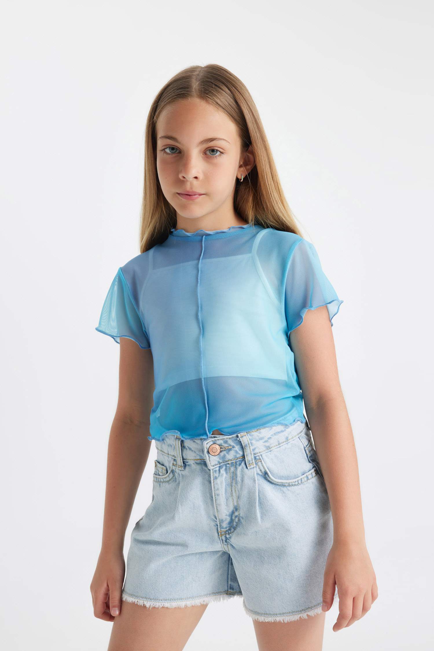 Kız Çocuk 2'li Takım Crop Bisiklet Yaka Degrade Baskılı Tül Kısa Kollu Tişört Atlet