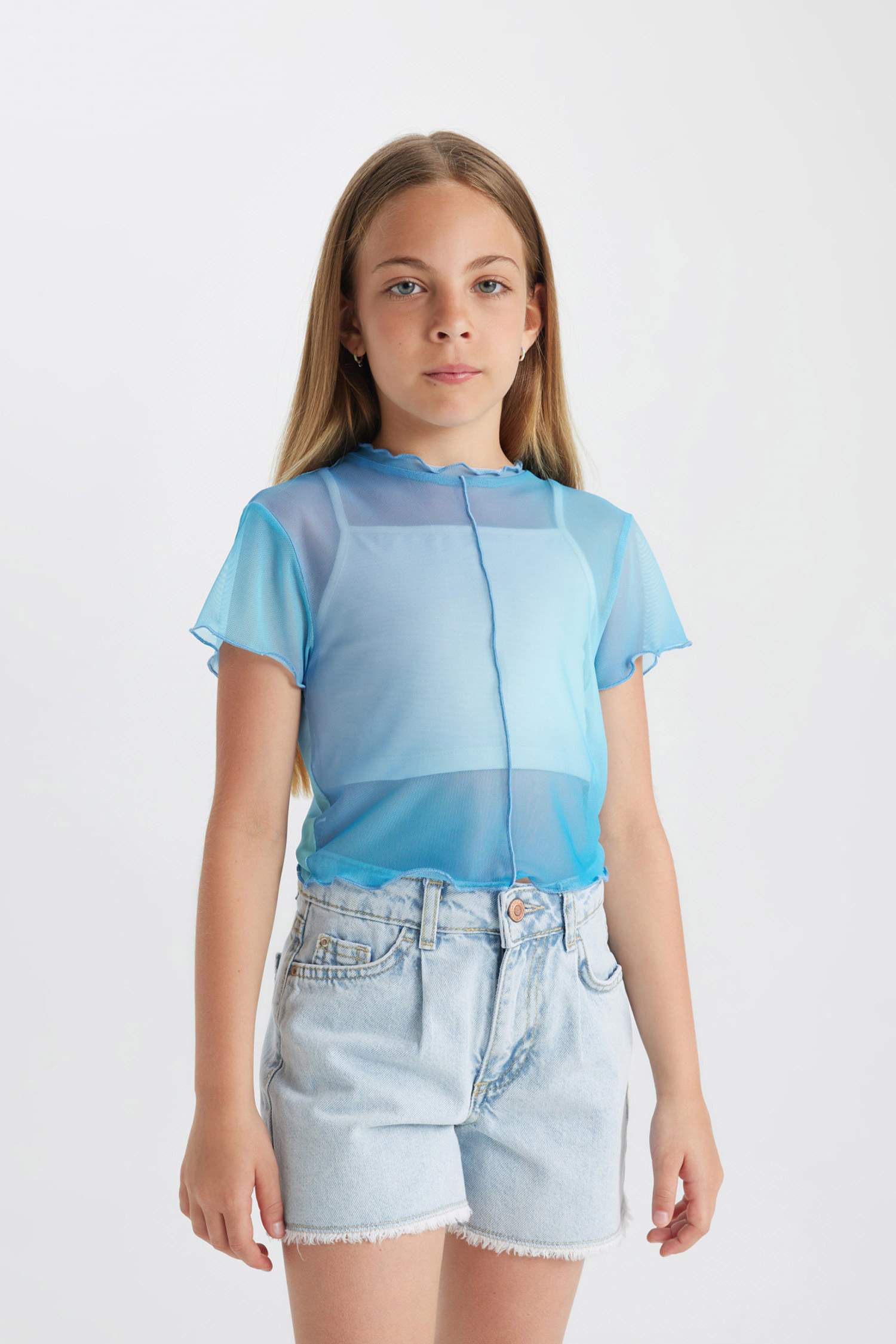 Kız Çocuk 2'li Takım Crop Bisiklet Yaka Degrade Baskılı Tül Kısa Kollu Tişört Atlet