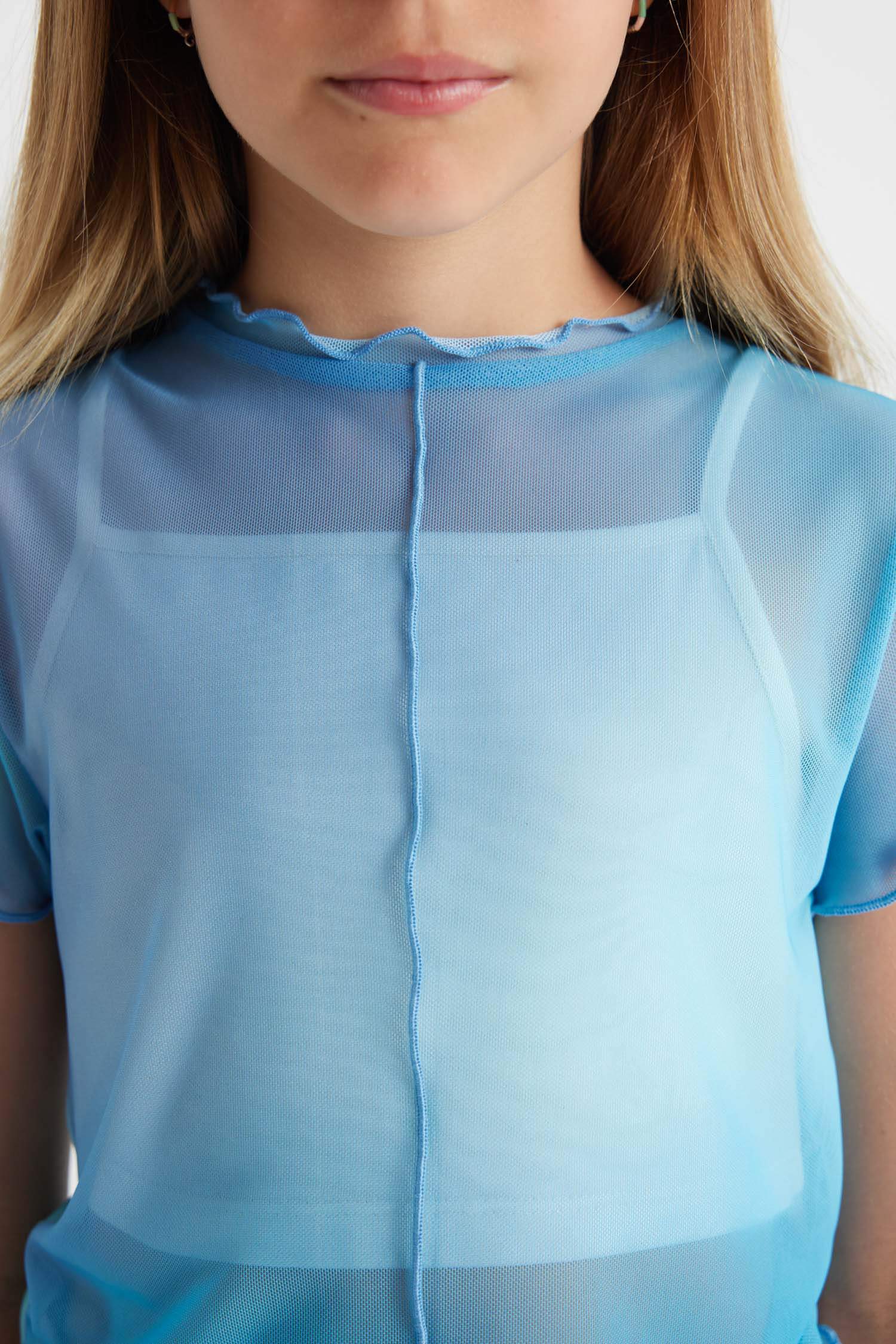 Kız Çocuk 2'li Takım Crop Bisiklet Yaka Degrade Baskılı Tül Kısa Kollu Tişört Atlet