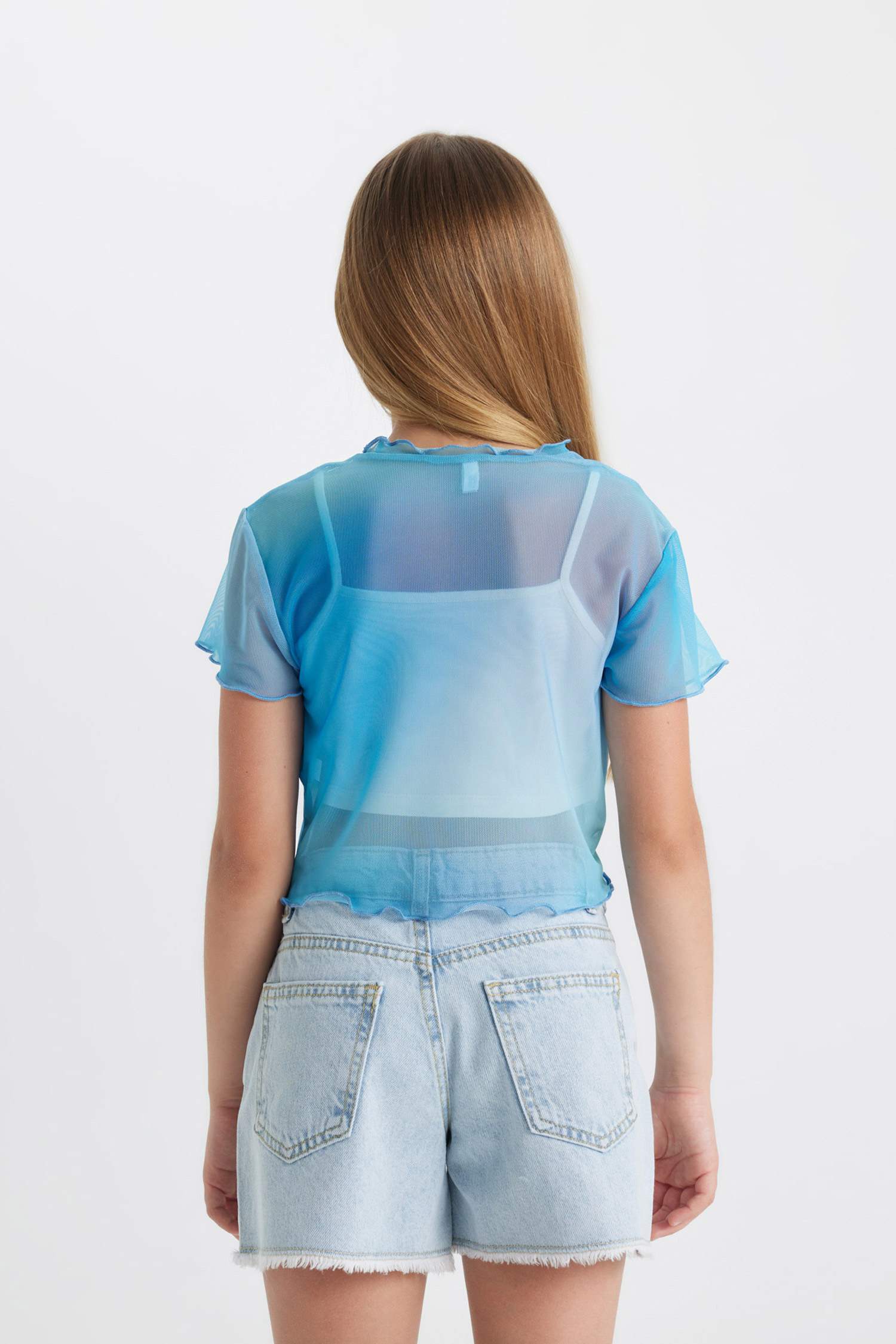 Kız Çocuk 2'li Takım Crop Bisiklet Yaka Degrade Baskılı Tül Kısa Kollu Tişört Atlet