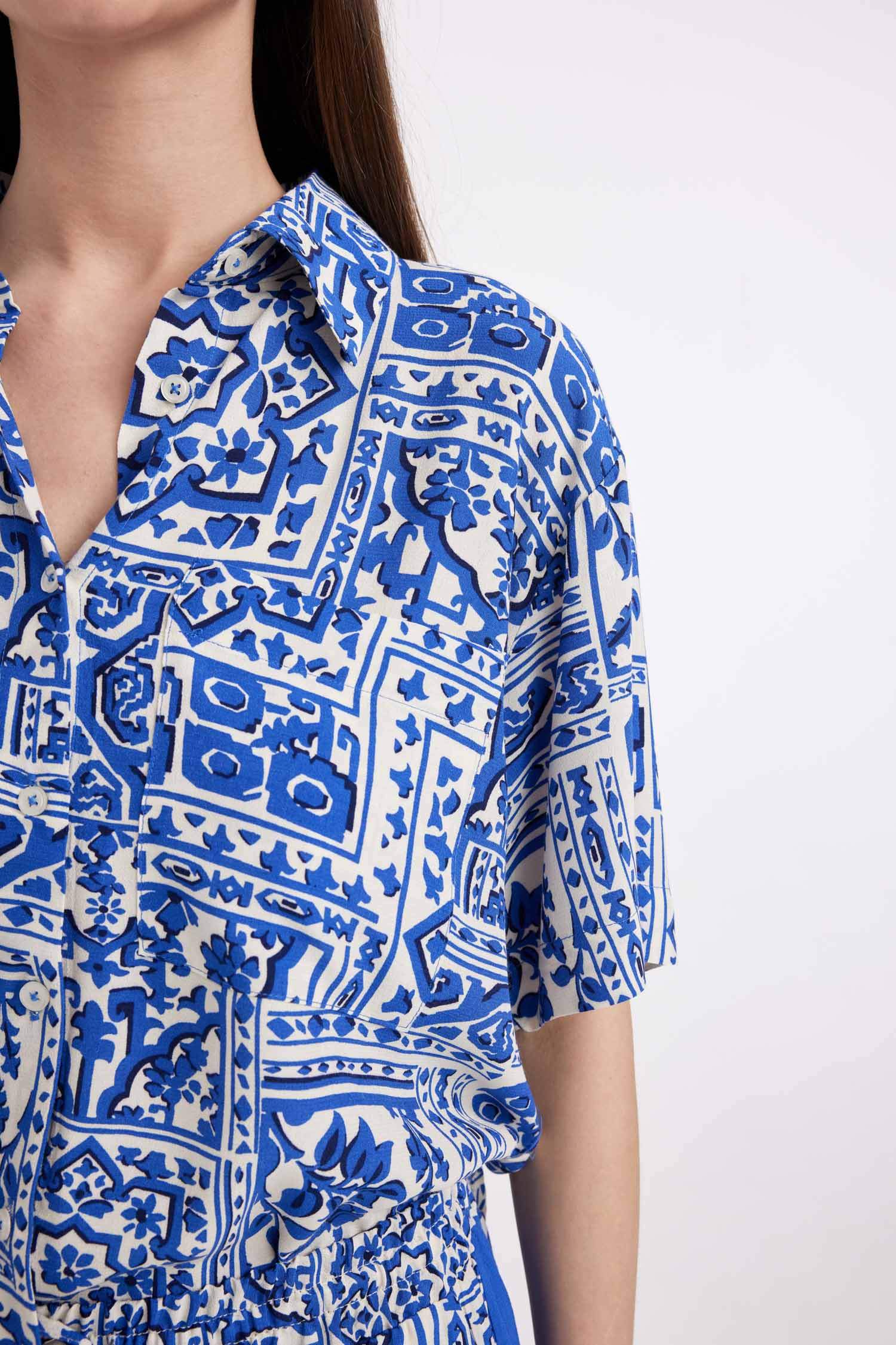 Oversize Geniş Kalıp Desenli Kısa Kollu Gömlek