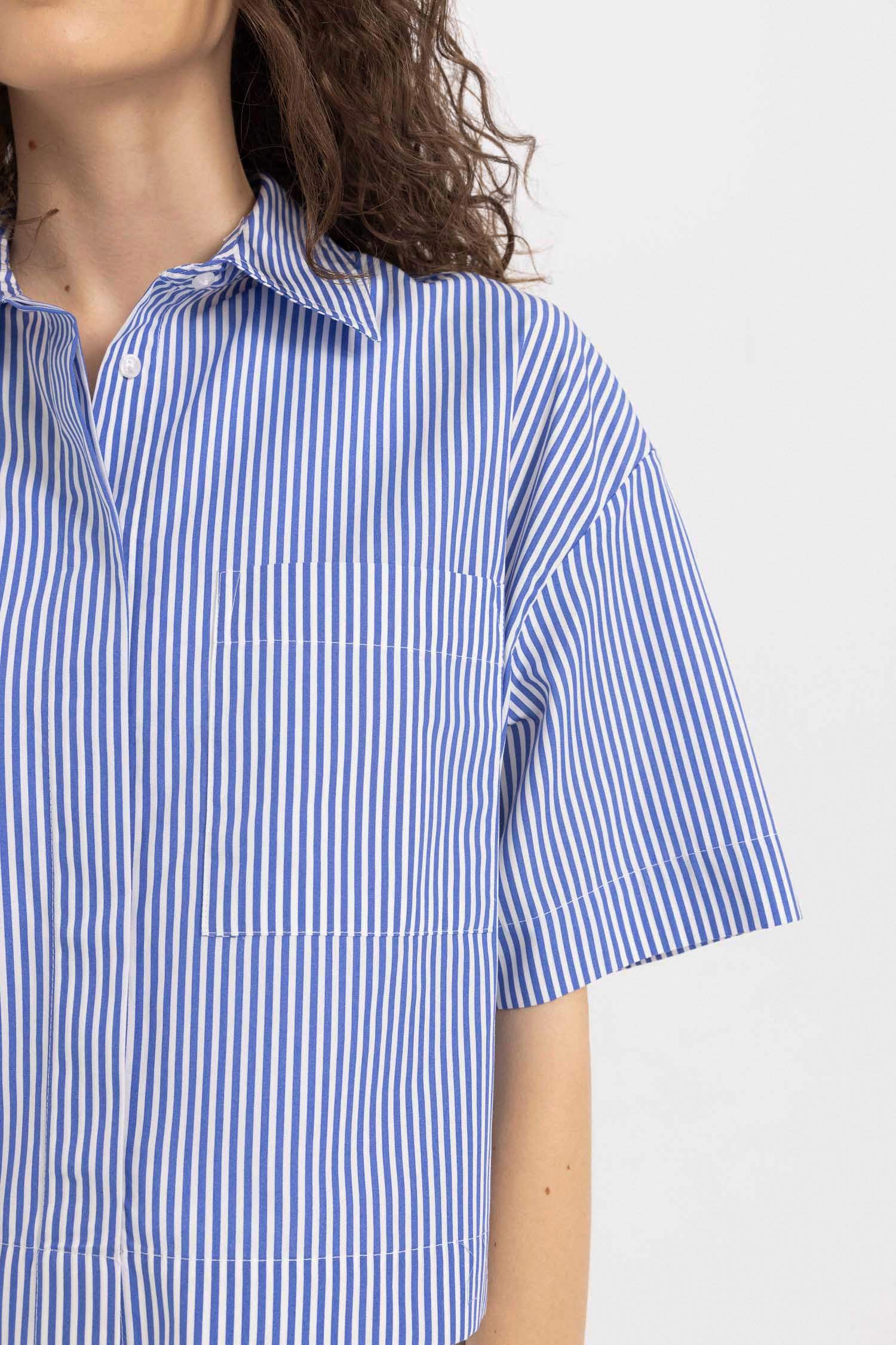 Chemise Courte rayée en Popeline à Manches Courtes