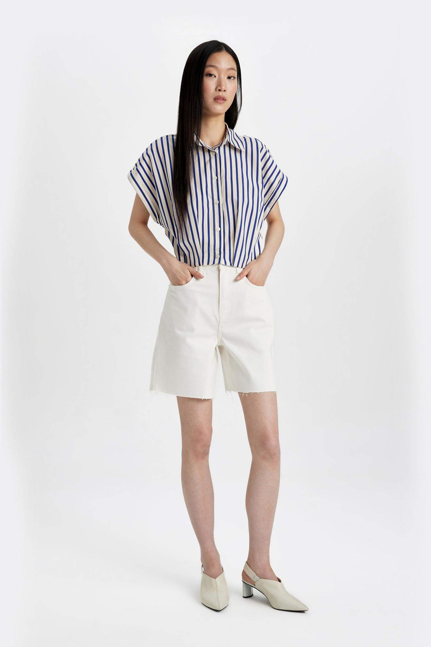 Striped Short Sleeve Poplin Crop Shirt