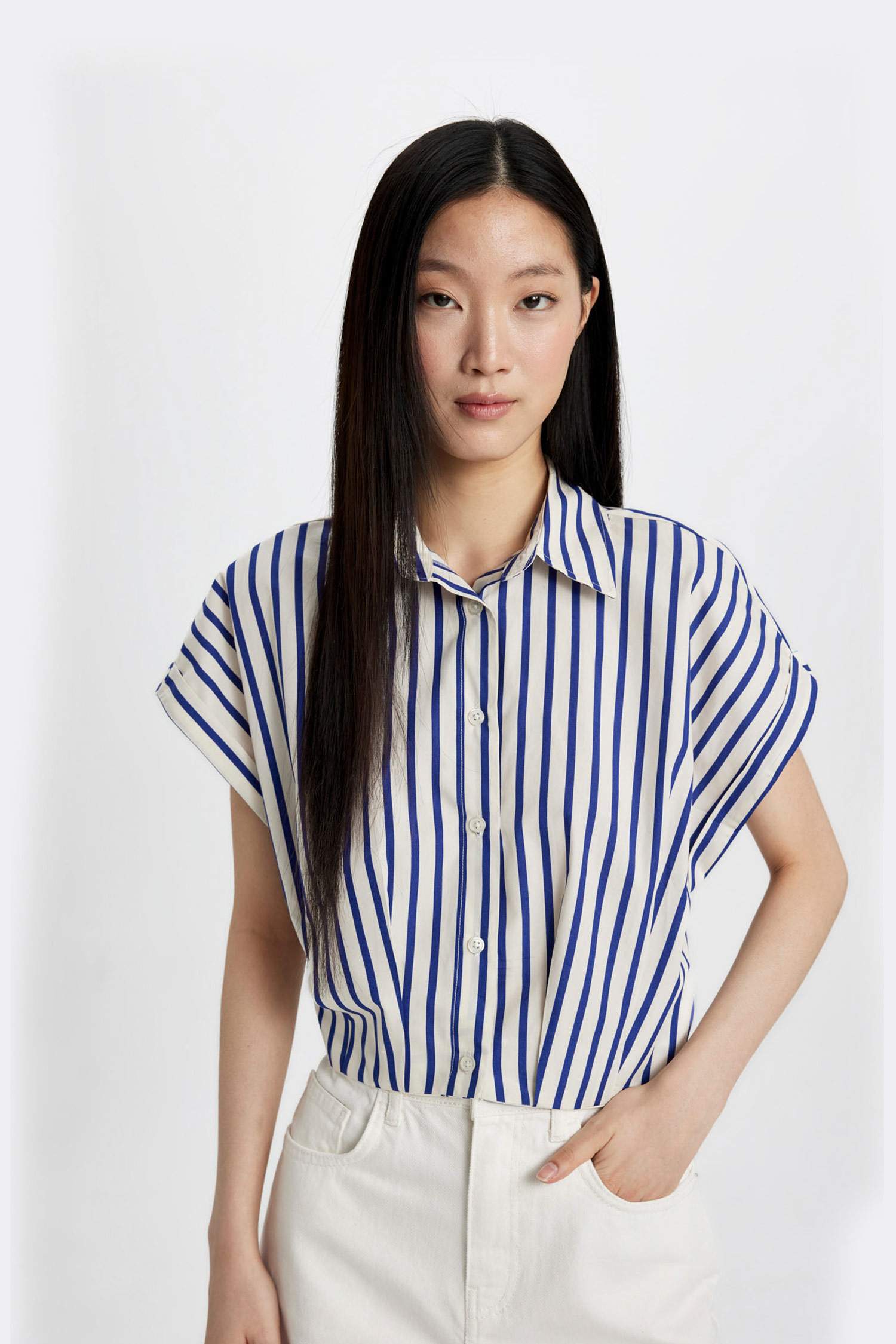 Striped Short Sleeve Poplin Crop Shirt