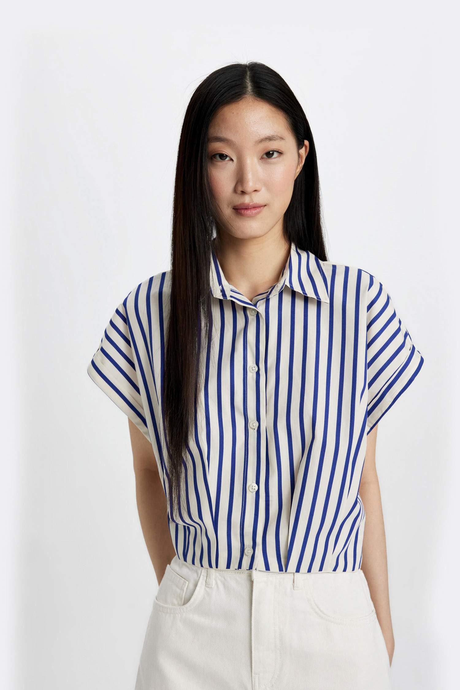 Striped Short Sleeve Poplin Crop Shirt