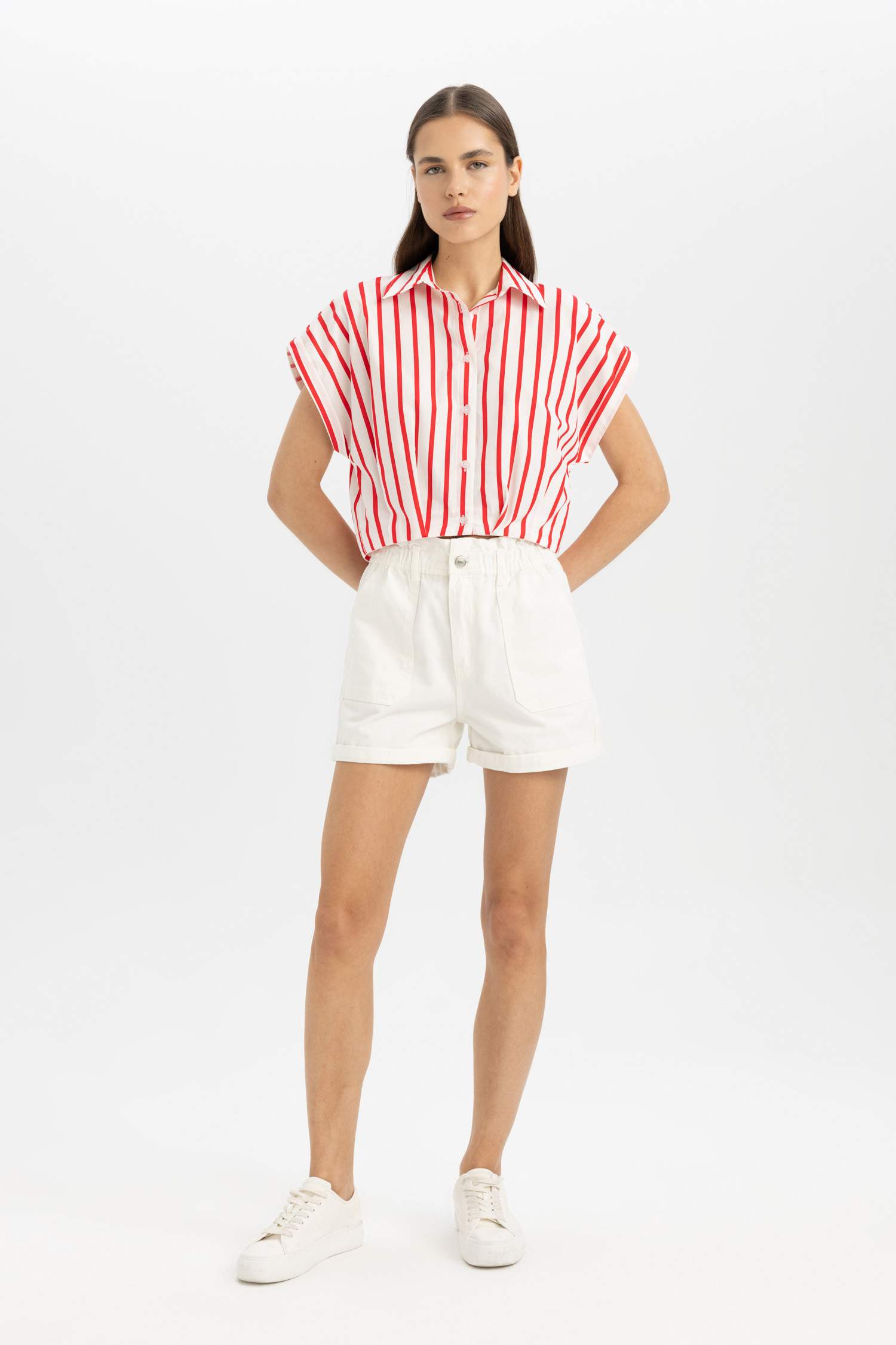 Striped Short Sleeve Poplin Crop Shirt