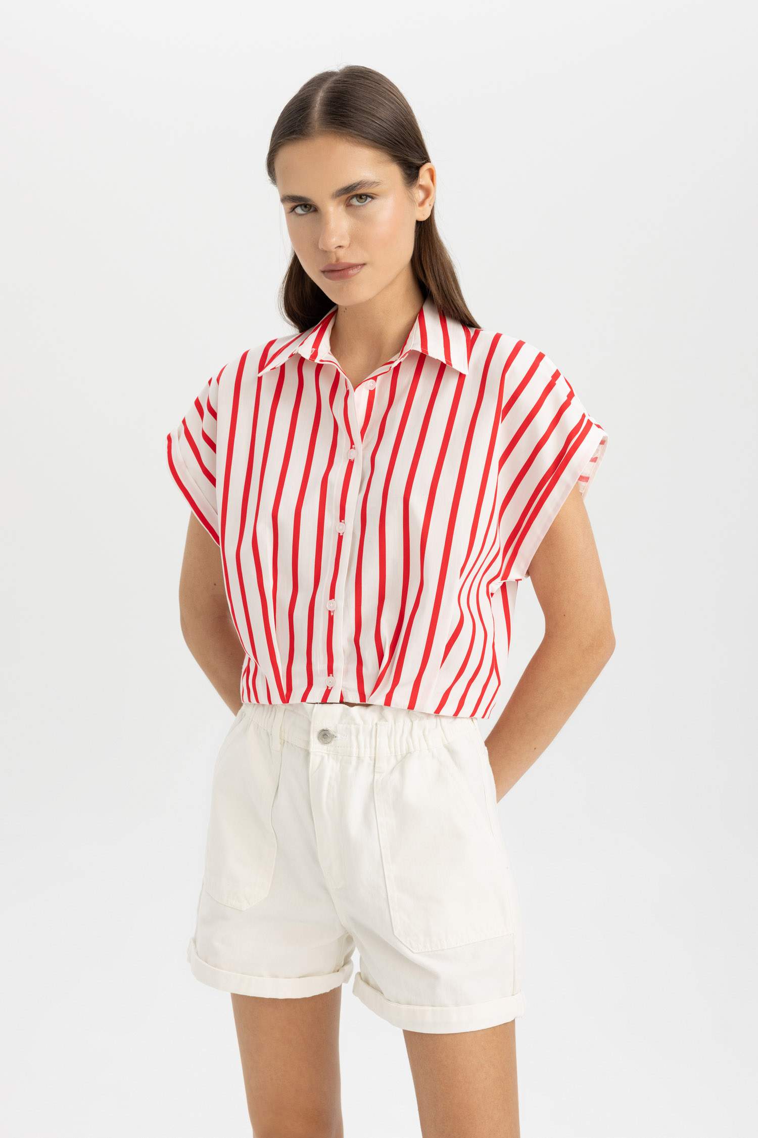 Striped Short Sleeve Poplin Crop Shirt