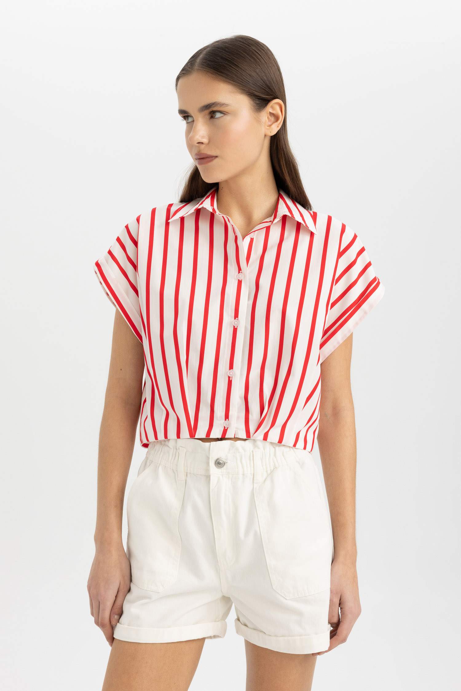 Striped Short Sleeve Poplin Crop Shirt