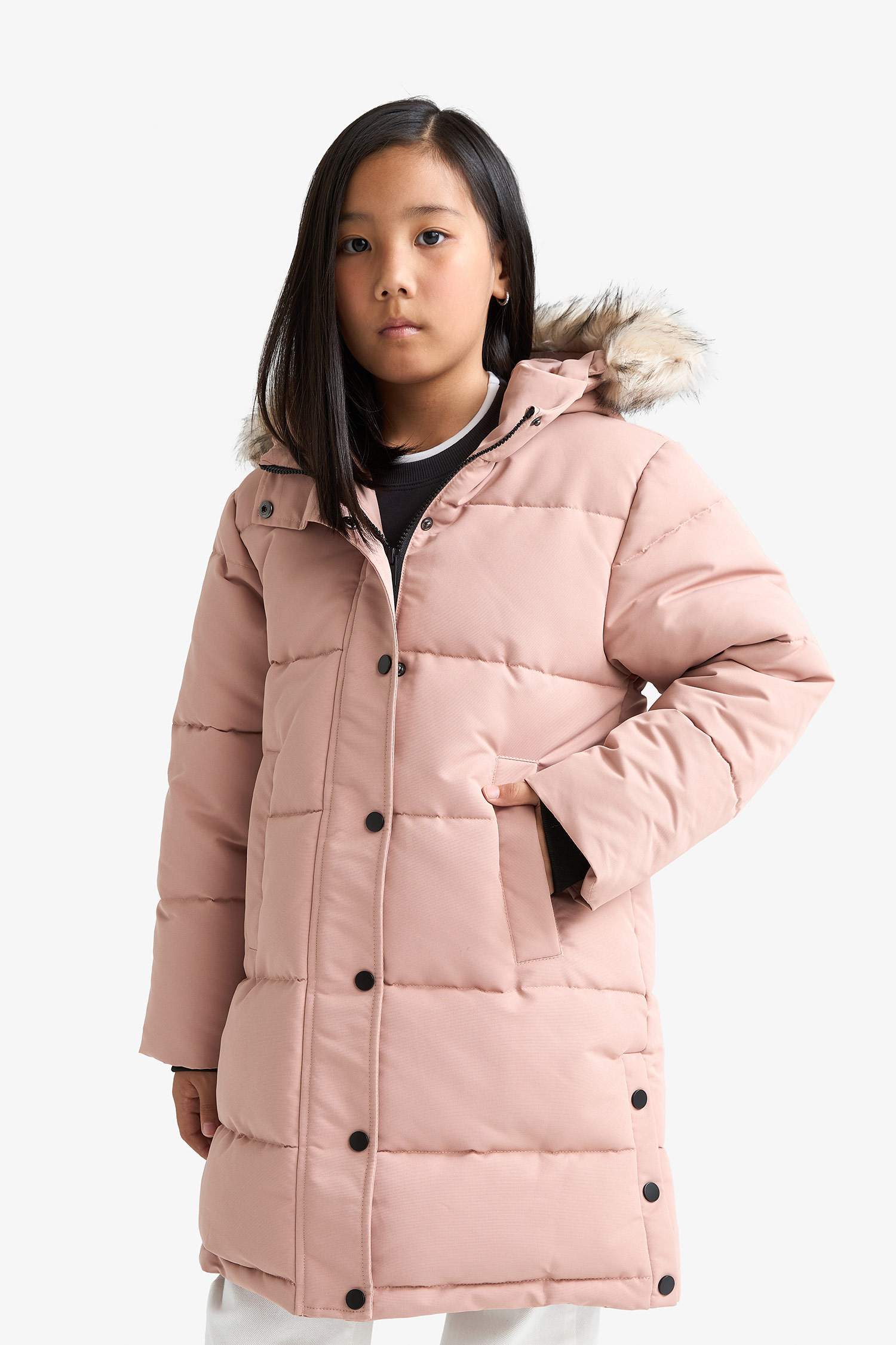 Kız Çocuk Kapüşonlu Çıkarılabilir Kapüşon Suni Kürklü Fermuar Çıtçıt Kapamalı Uzun Mont Parka