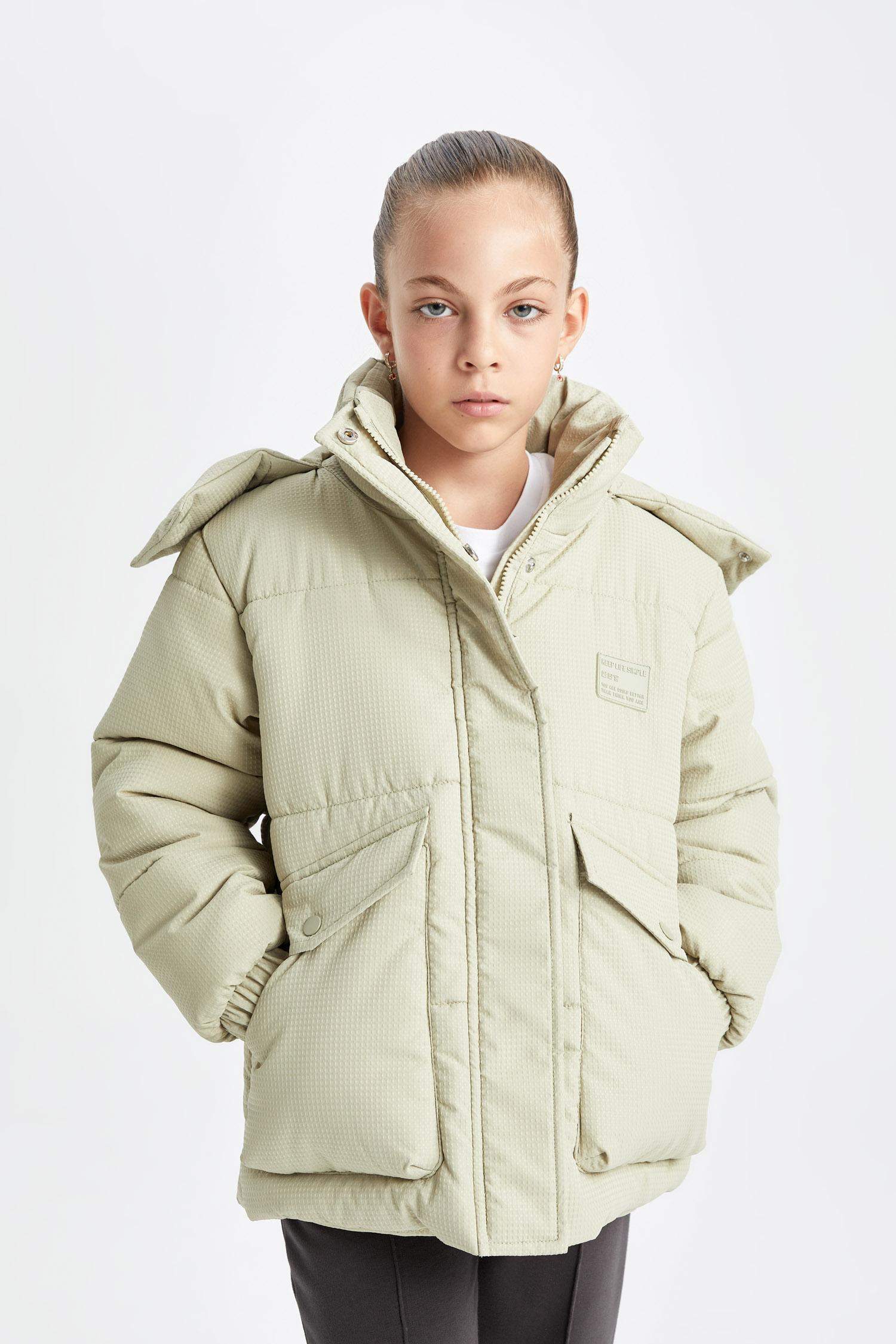 Kız Çocuk Su Geçirmez Şişme Mont Kapüşonlu Rüzgar Geçirmez Ribana Kollu Cepli