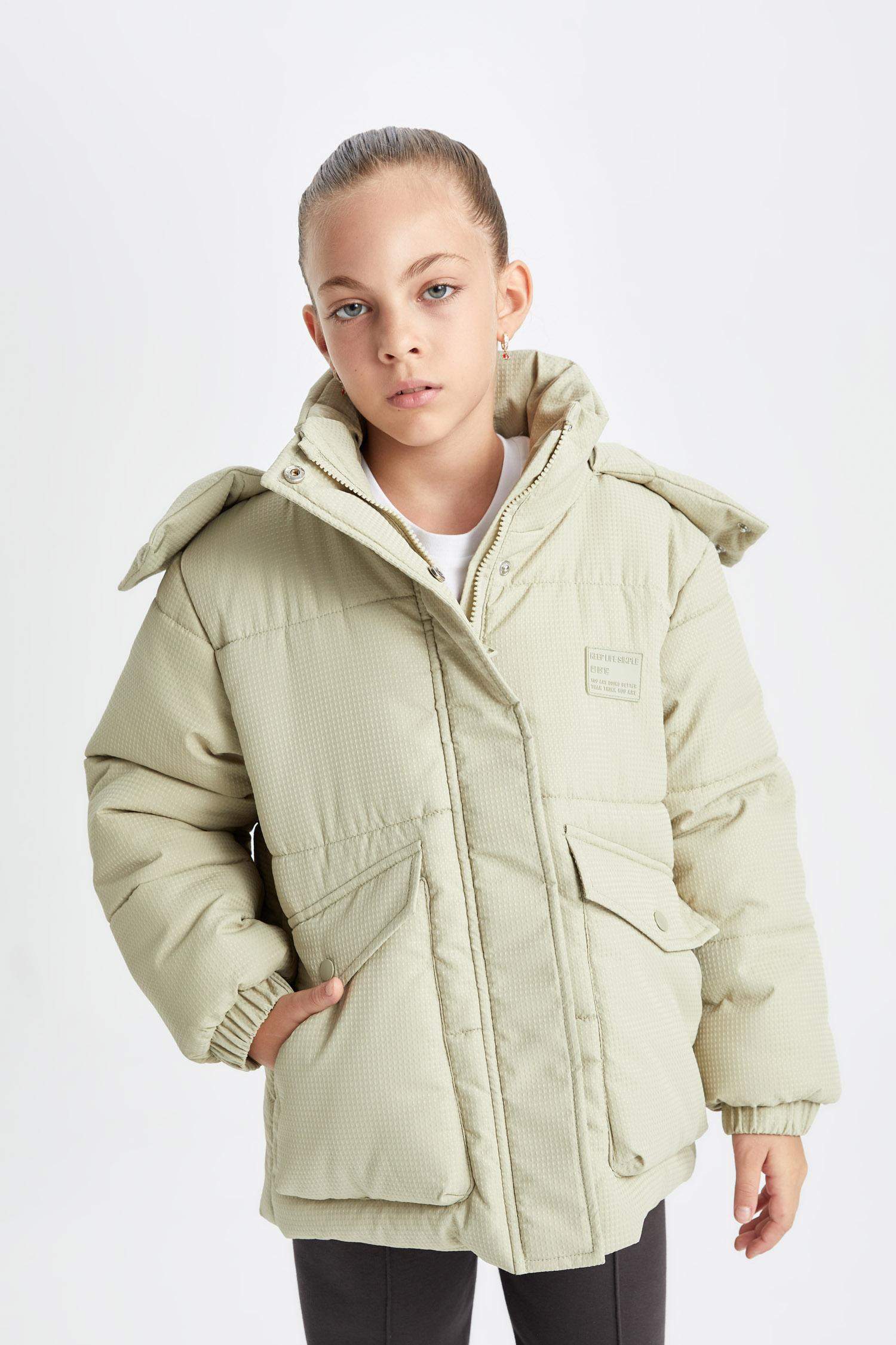 Kız Çocuk Su Geçirmez Şişme Mont Kapüşonlu Rüzgar Geçirmez Ribana Kollu Cepli