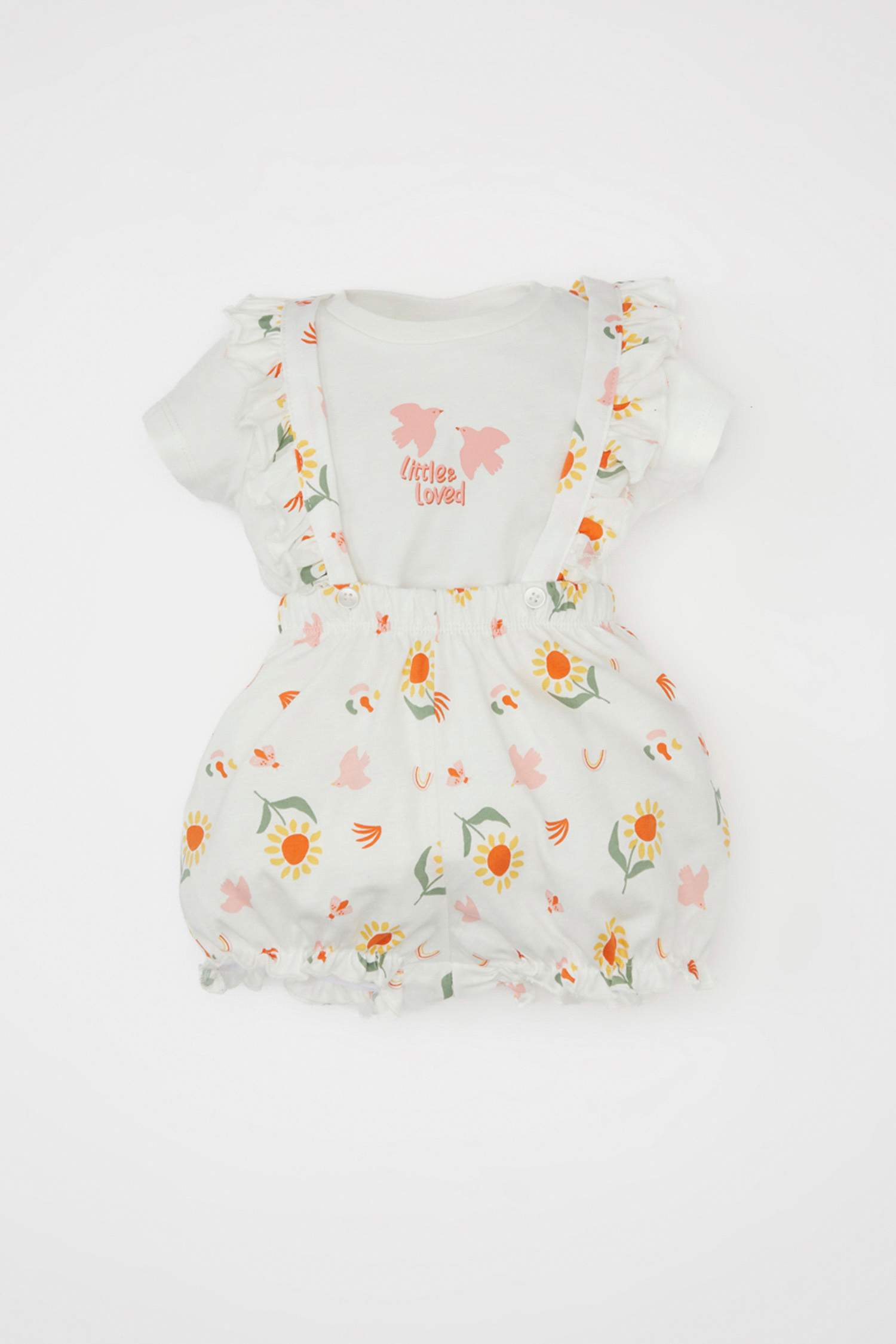 Kız Bebek 2'li Takım Çiçekli Penye Kısa Kollu Tişört Salopet