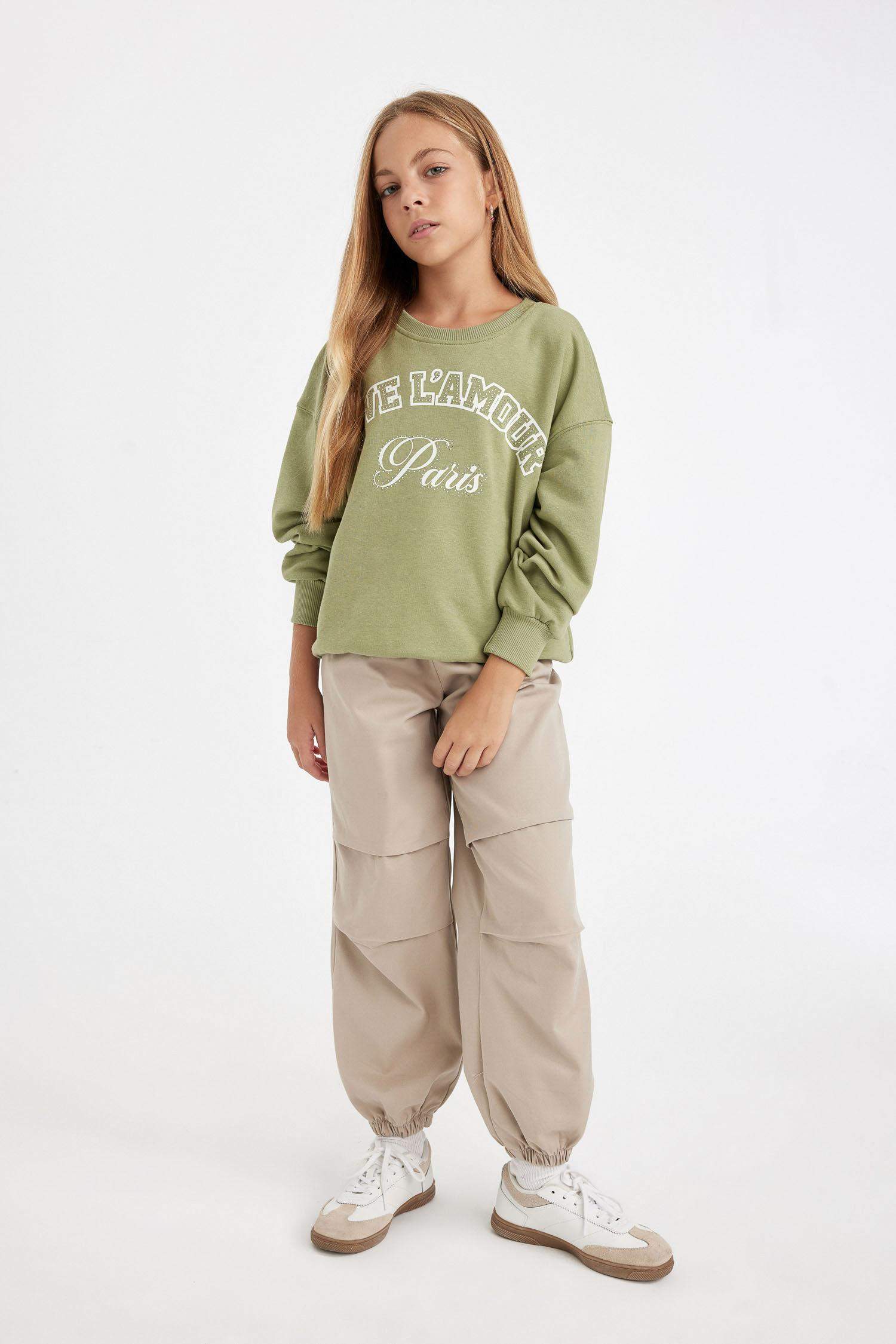 Kız Çocuk Beli ve Paçası Lastikli Cepli Pamuklu Paraşüt Pantolon