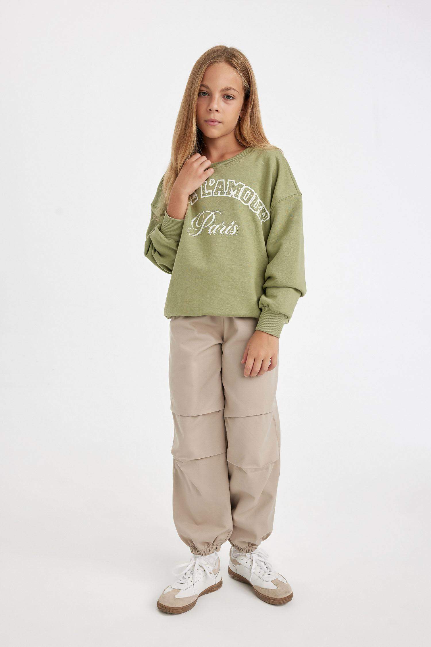 Kız Çocuk Beli ve Paçası Lastikli Cepli Pamuklu Paraşüt Pantolon