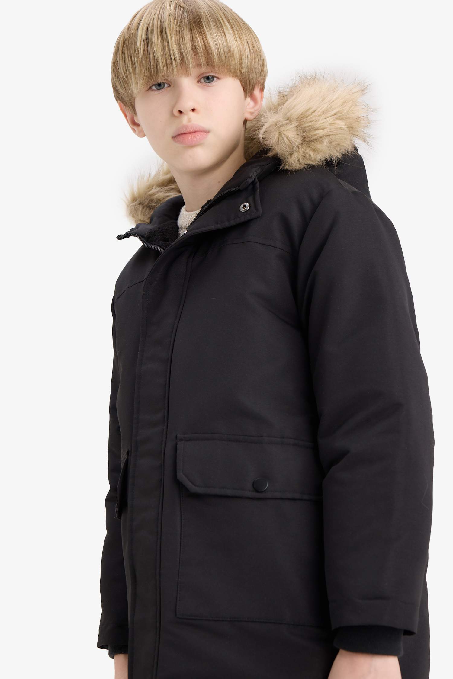 Erkek Çocuk Parka Mont Çıkarılabilir Suni Kürk Yaka Kapüşonlu Pelüş Astar