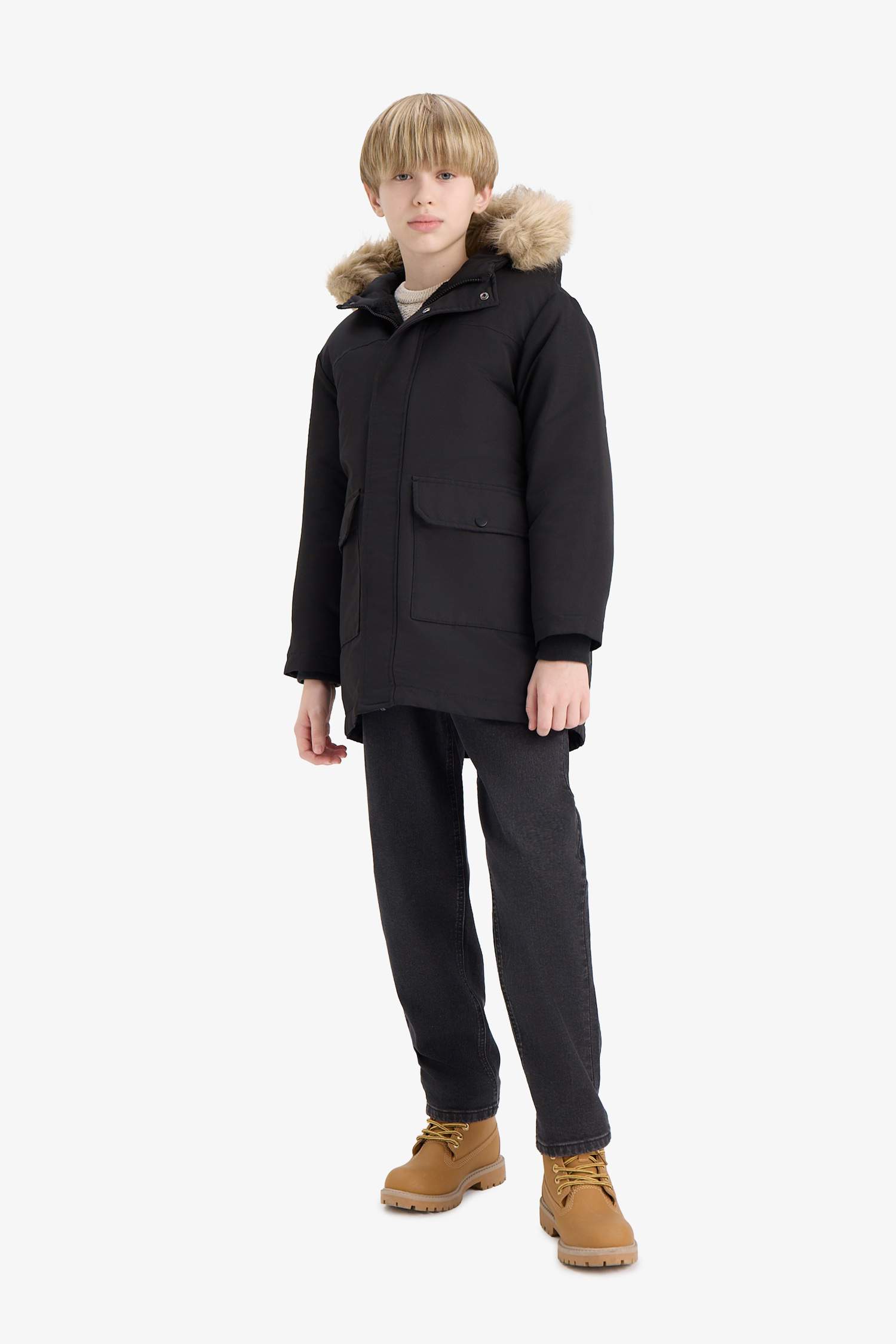 Erkek Çocuk Parka Mont Çıkarılabilir Suni Kürk Yaka Kapüşonlu Pelüş Astar