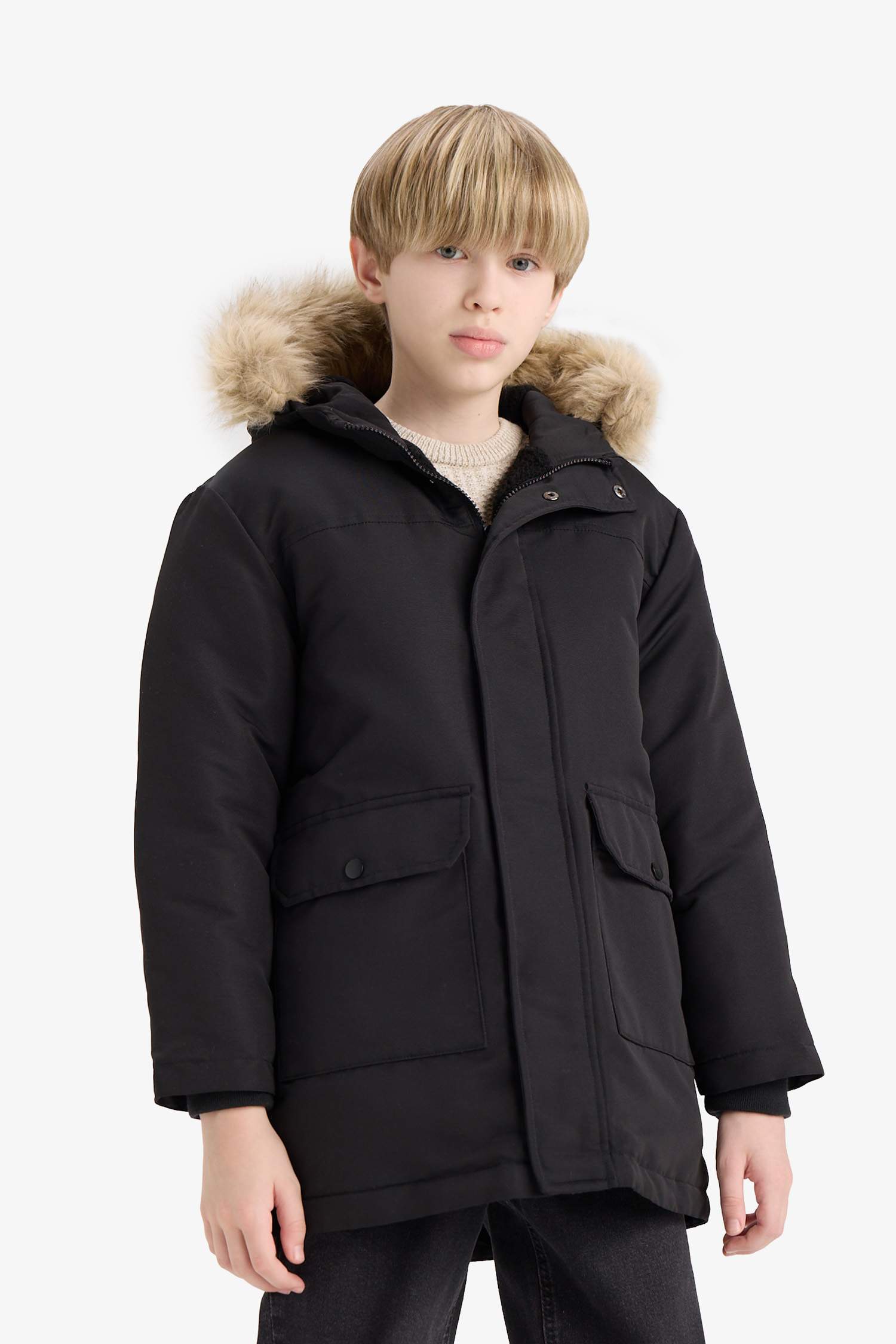 Erkek Çocuk Parka Mont Çıkarılabilir Suni Kürk Yaka Kapüşonlu Pelüş Astar