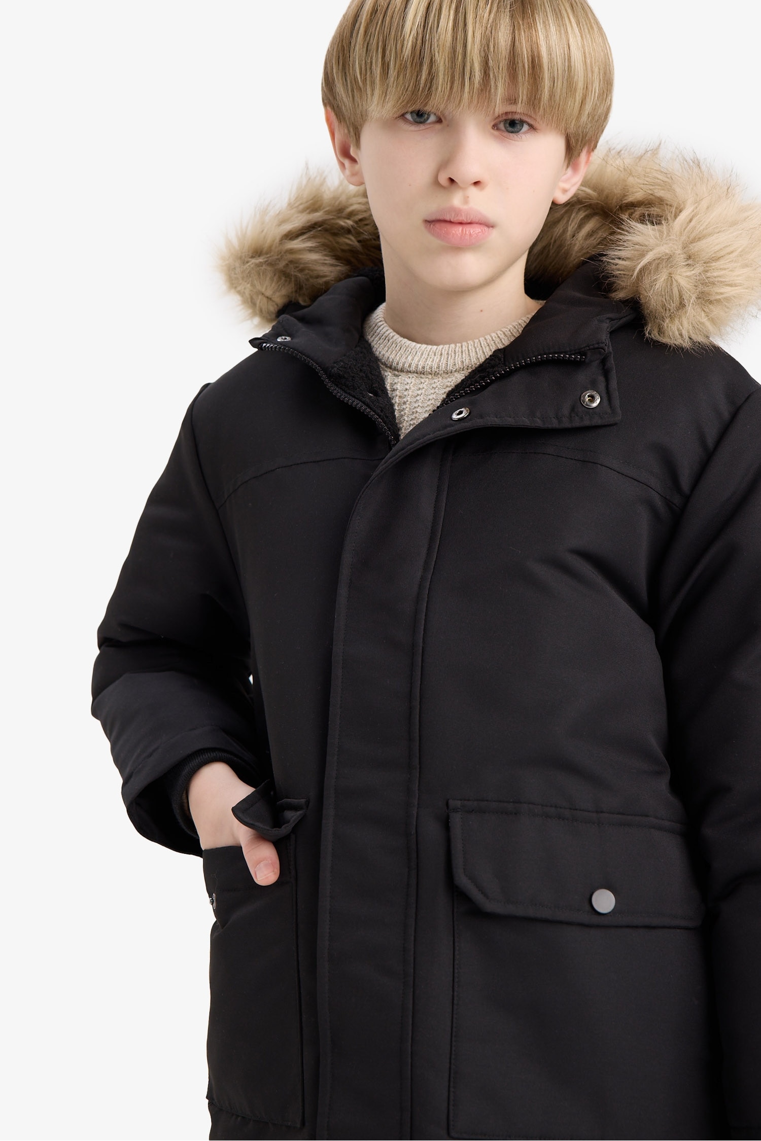 Erkek Çocuk Parka Mont Çıkarılabilir Suni Kürk Yaka Kapüşonlu Pelüş Astar