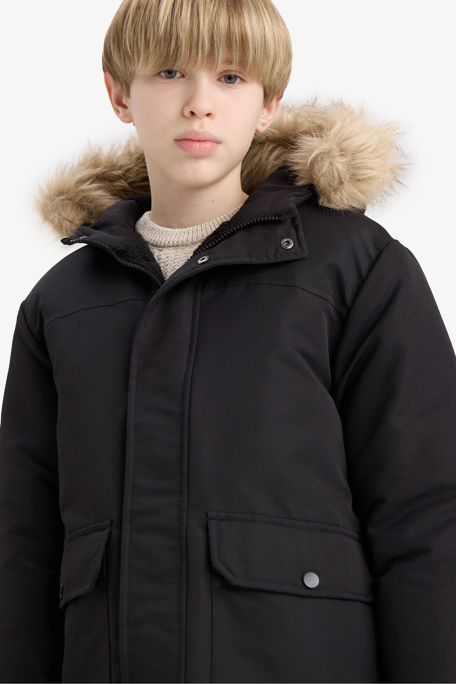 Boy Hooded Plush Lined with Removable Faux Fur Collar Rain Coat