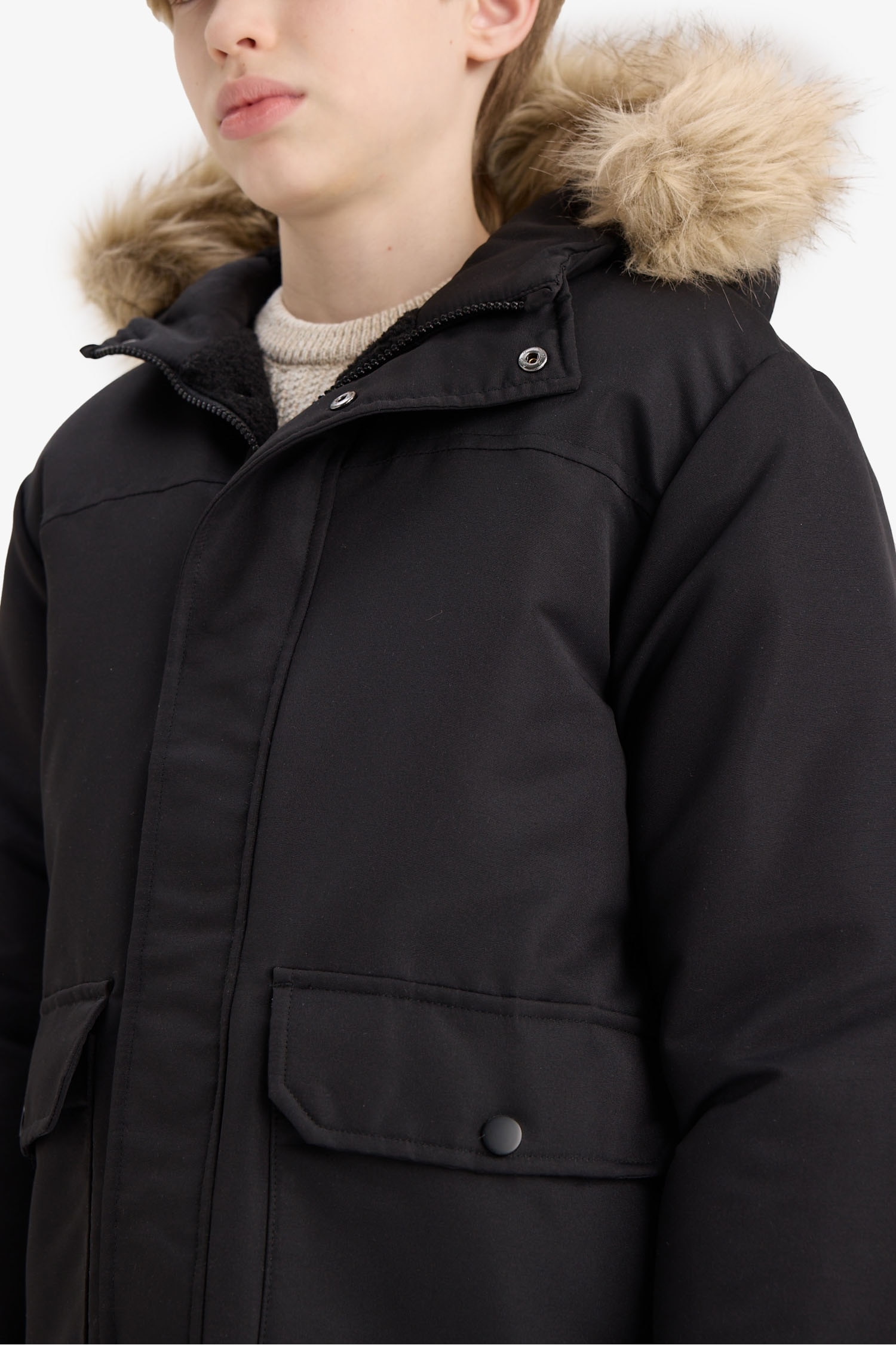 Boy Hooded Plush Lined with Removable Faux Fur Collar Rain Coat